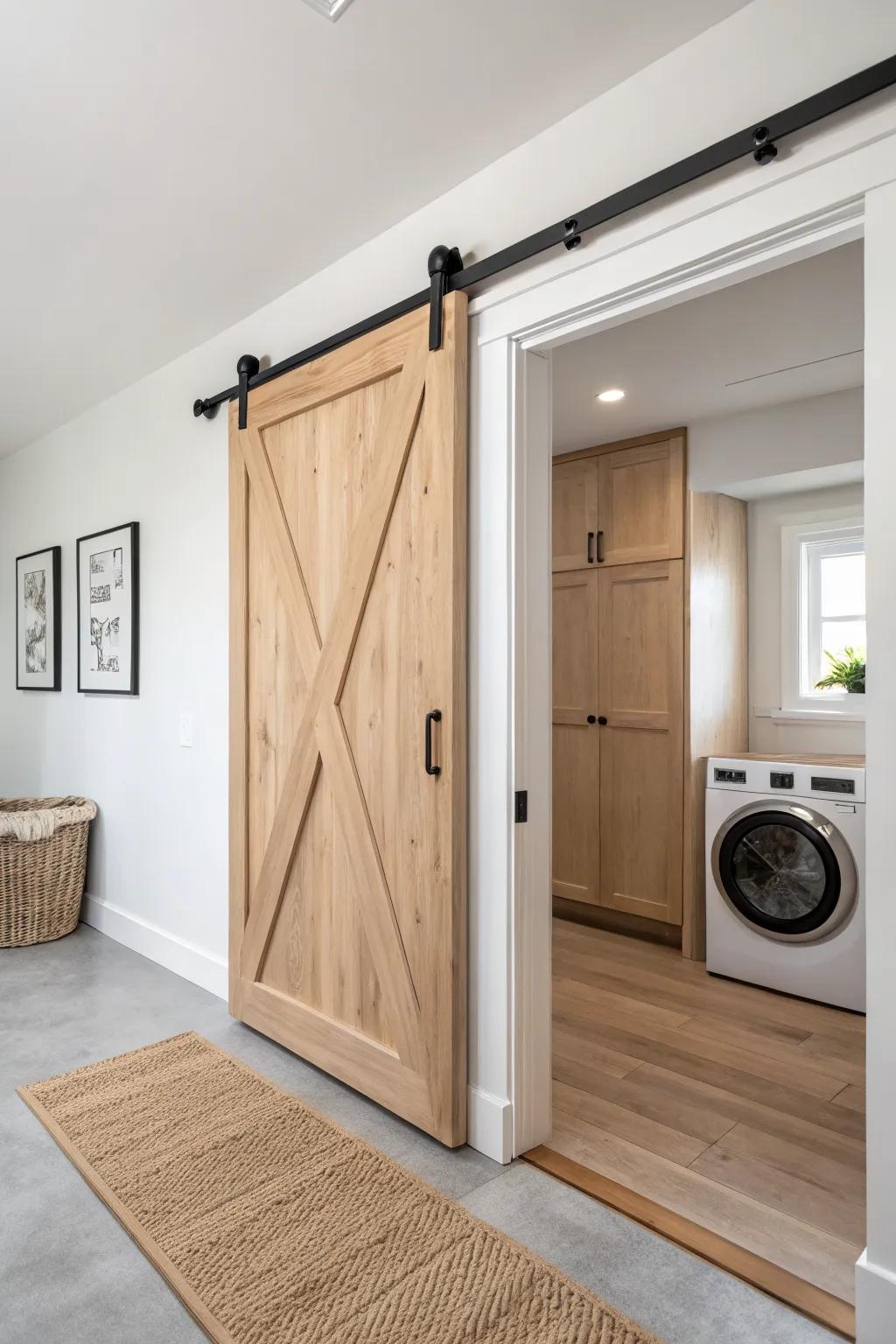 A sleek oak sliding door saves precious basement inches—perfect for tight laundry or storage.