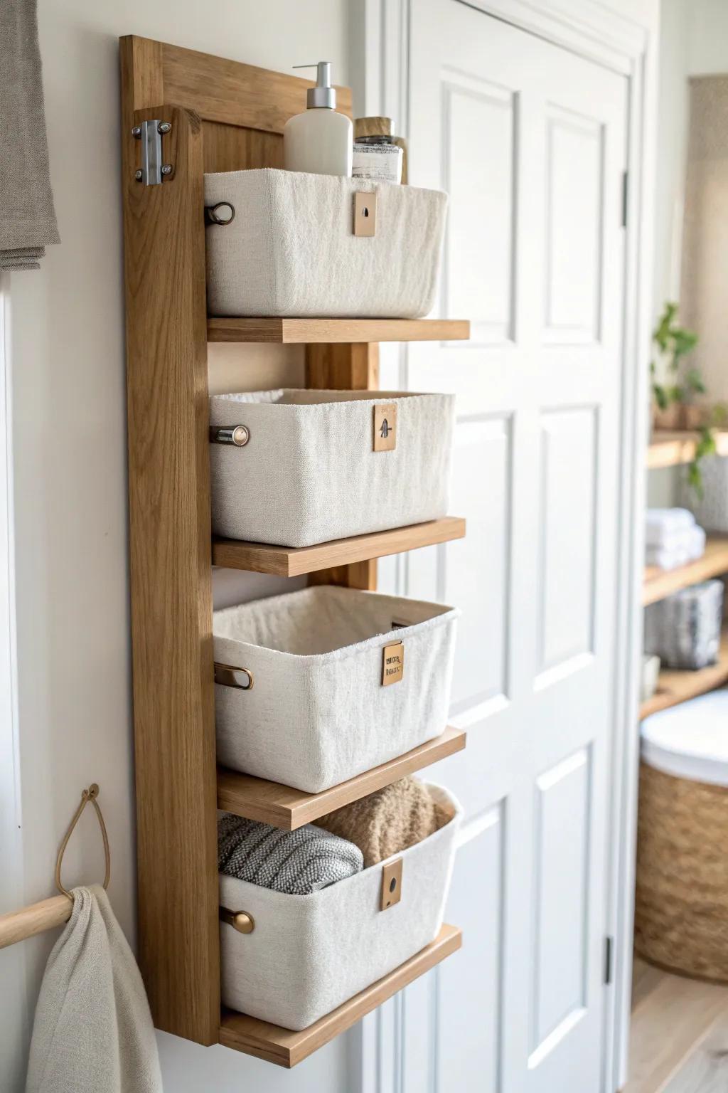 An above-door shelf with matching bins keeps small bathrooms tidy and beautifully minimal.