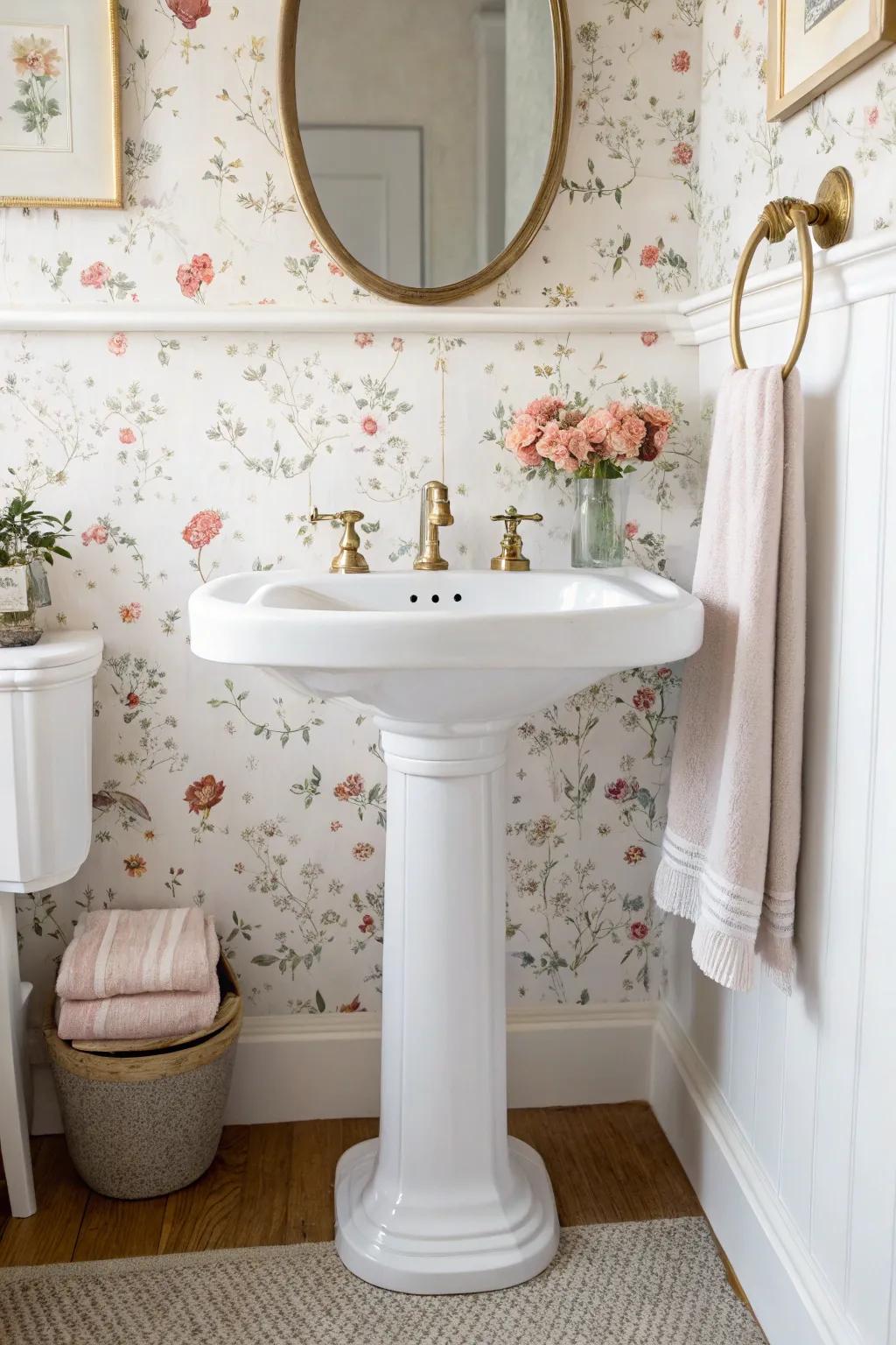 Ditsy floral wallpaper behind a pedestal sink—sweet, airy, and perfect for small bathrooms.