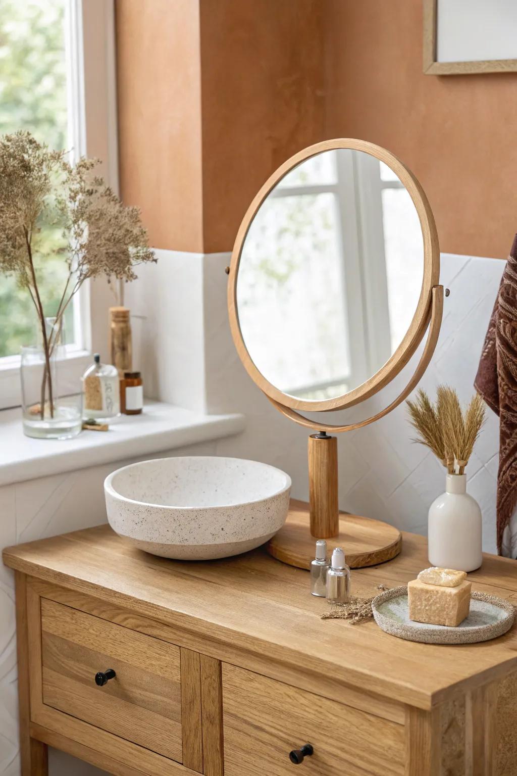 A clay-toned vanity accent wall makes your small bathroom feel instantly styled and intentional.