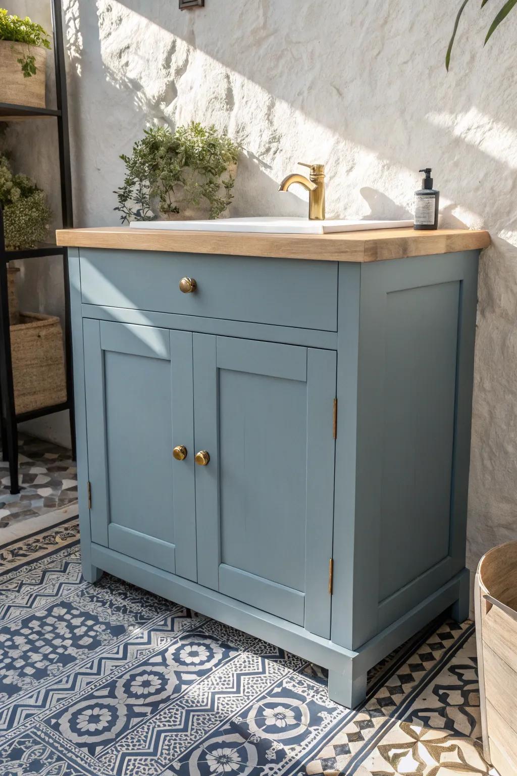 Let the patterned floor shine—pair it with a blue vanity and keep walls calm for airy impact.