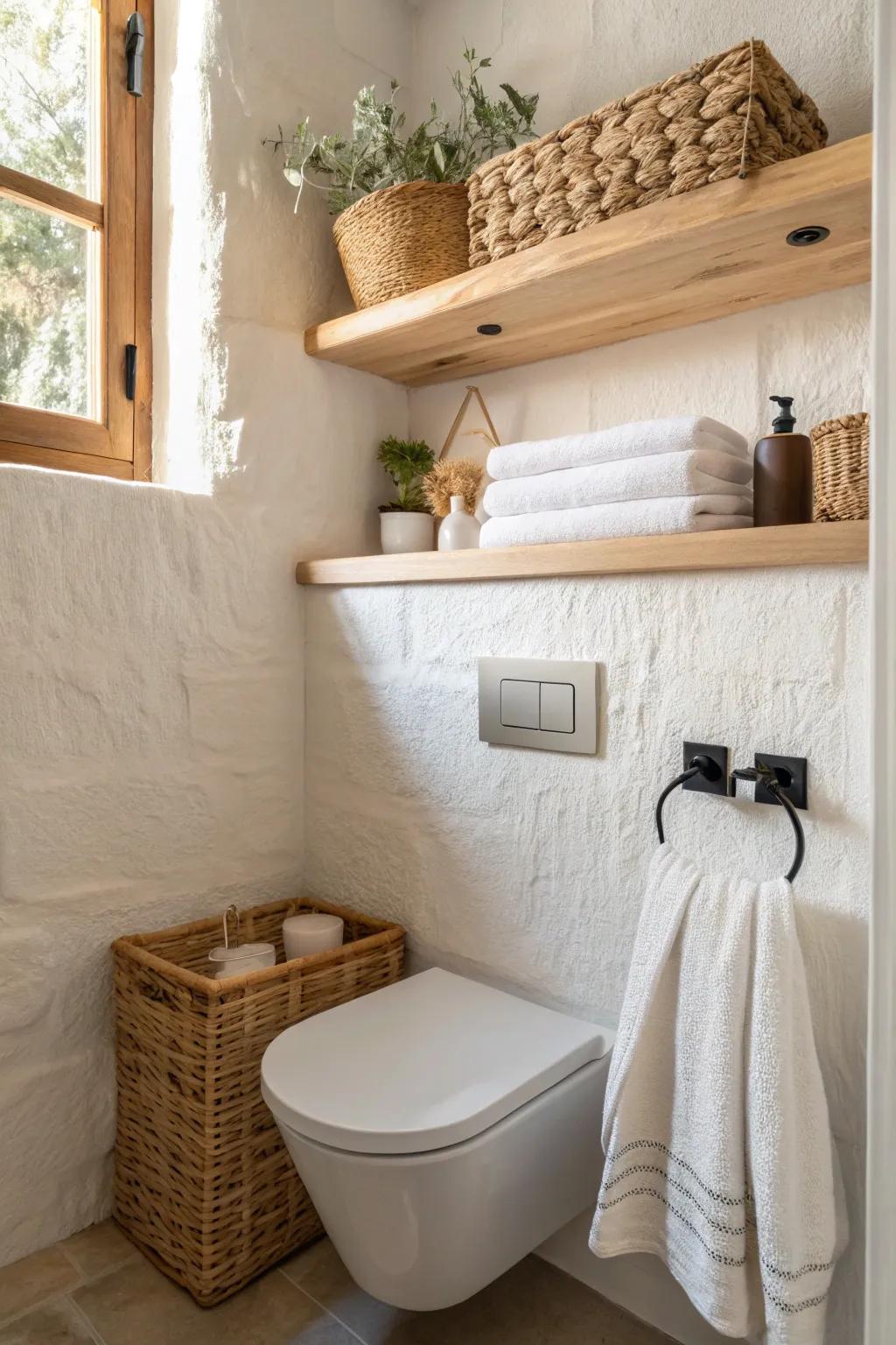 Floating shelf above the toilet: warm oak, woven basket, and linen towels for clutter-free storage.