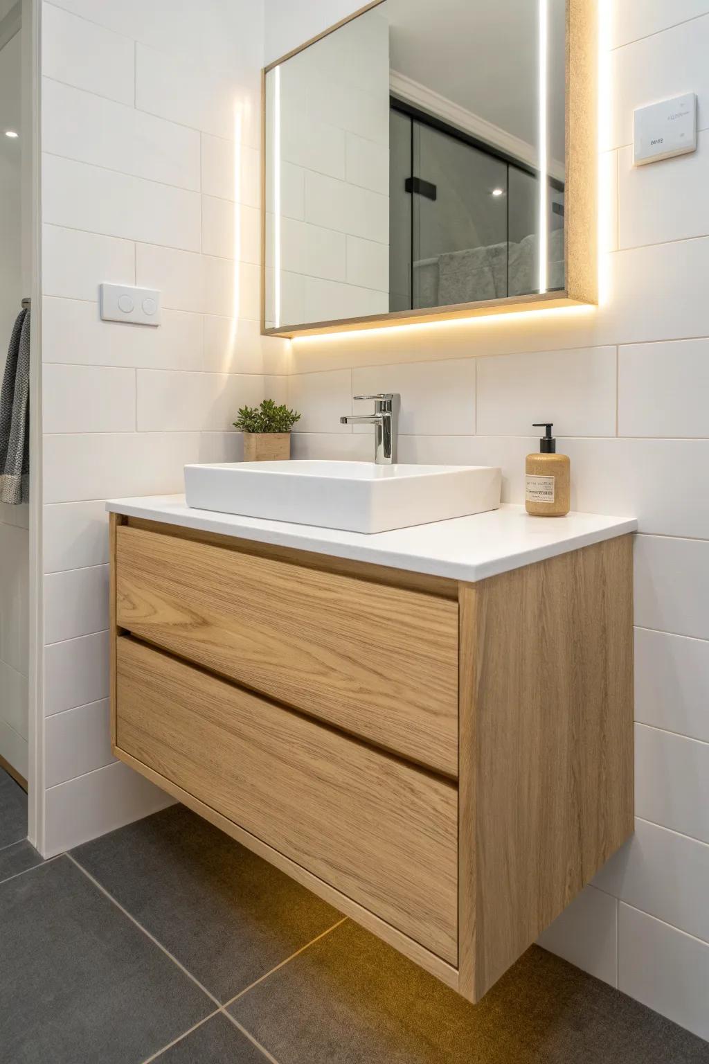 A floating oak vanity makes a windowless small bath feel lighter by showing more floor space.