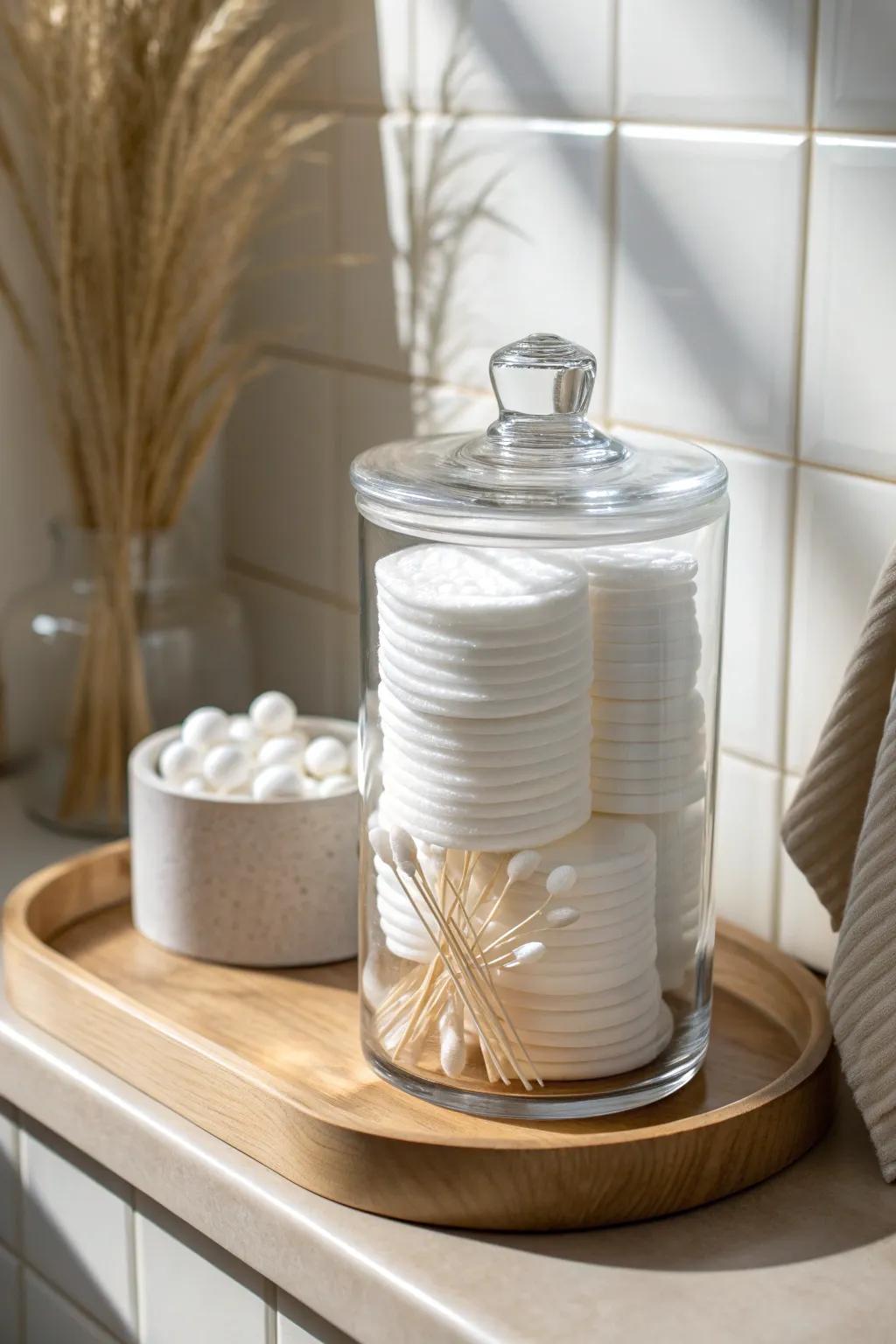 Clear glass canisters keep cotton and swabs tidy—spa vibes and easy to see when you’re low.