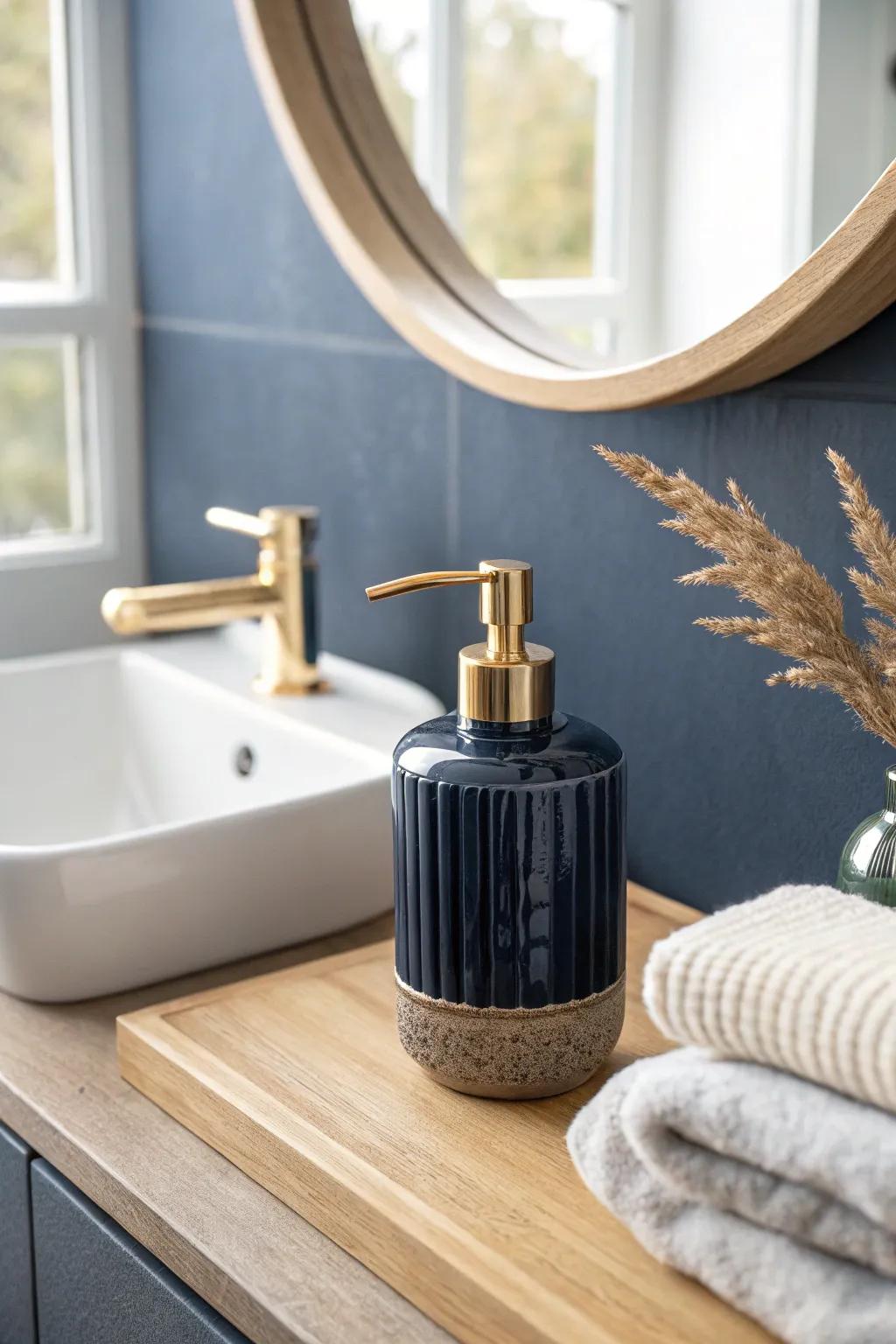 Deep navy walls, bright reflections—one small bathroom detail that looks instantly polished.