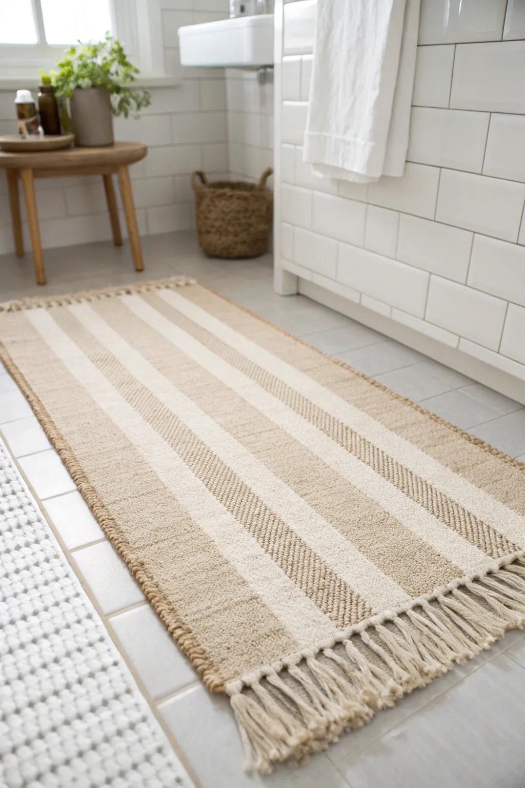 Soft, simple stripes stretch a small bathroom floor—calm, minimal, and instantly longer-looking.