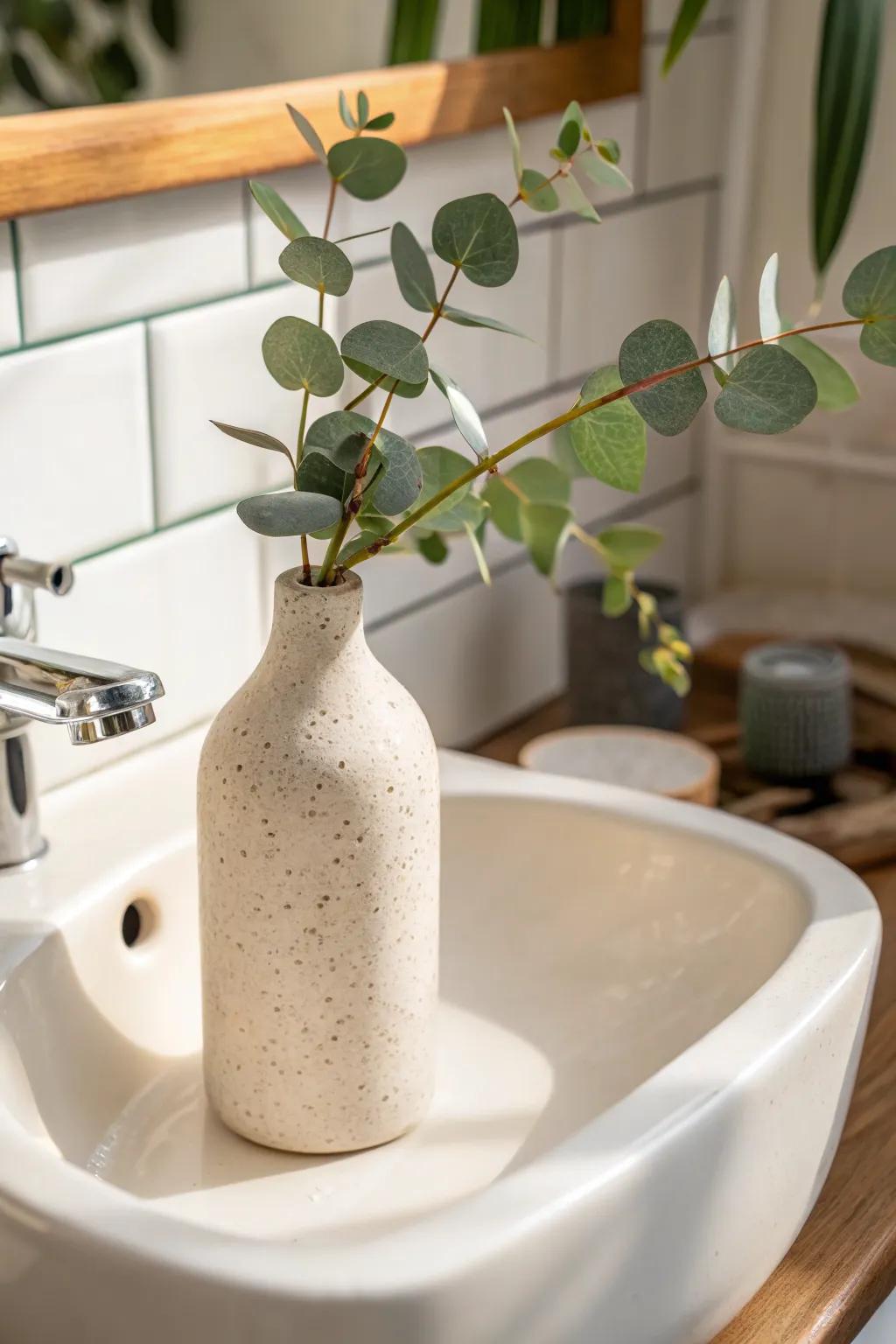 A single bud vase with fresh greenery keeps a tiny bathroom sink styled, not cluttered.