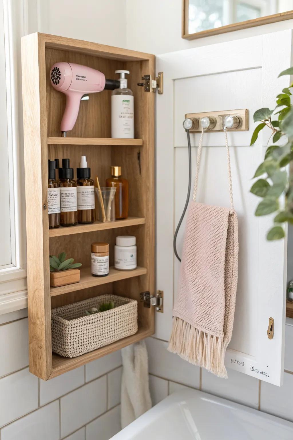 Turn the cabinet door into extra storage—keep hair tools and minis visible, tidy, and within reach.