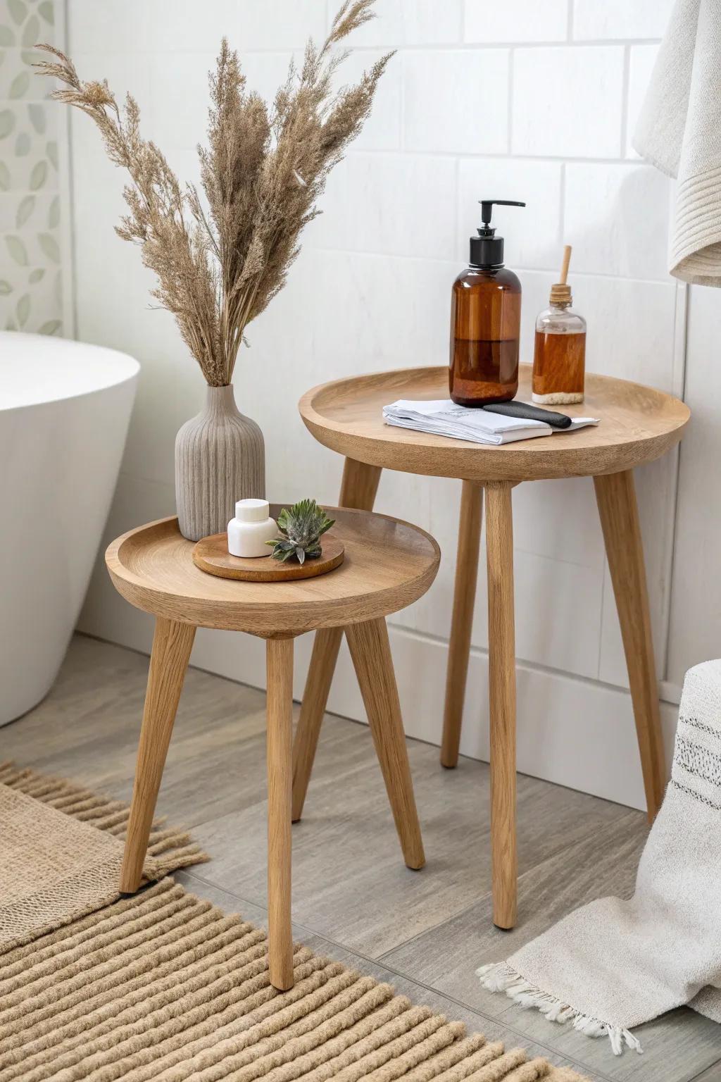 Pull-out nesting tables add instant counter space in a tiny bathroom—then tuck away cleanly.