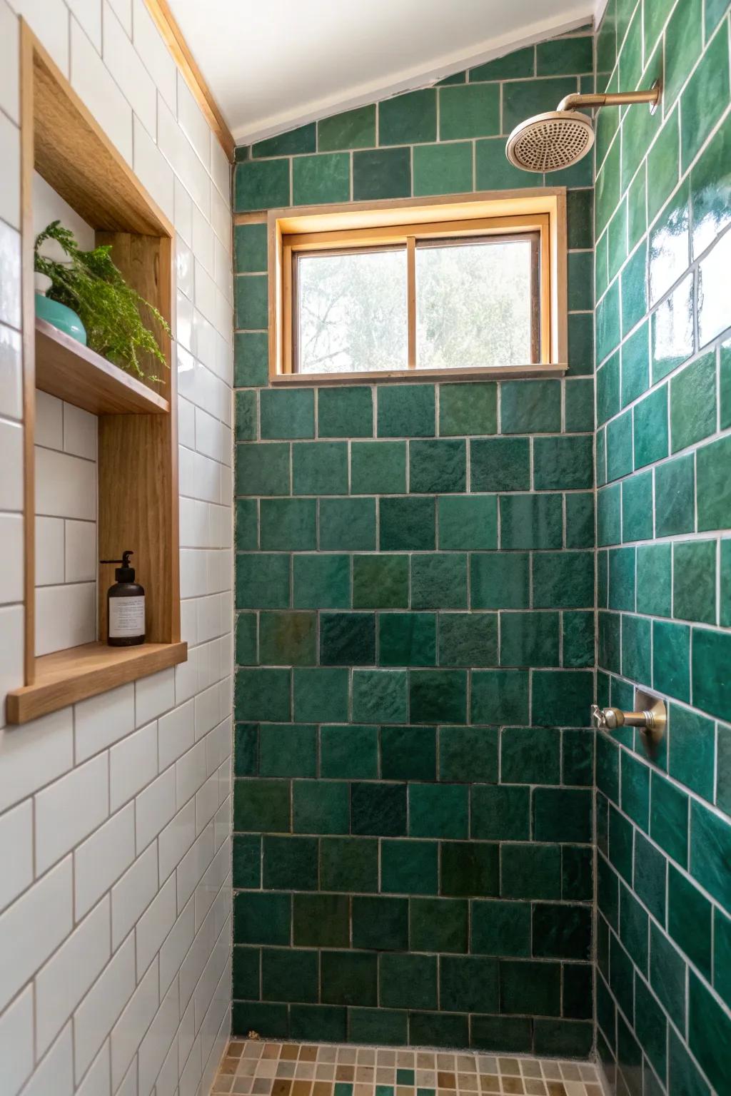 A single saturated zellige feature wall adds depth and drama without overwhelming a small shower.