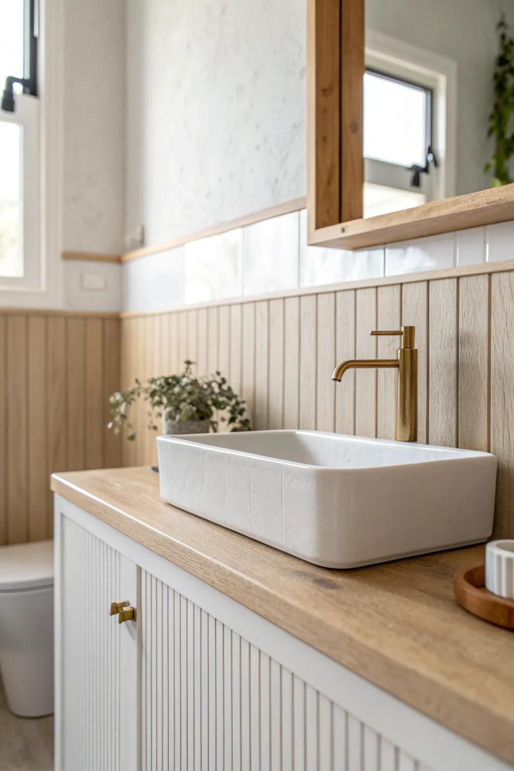 Metro-style paneling behind the sink adds crisp polish without crowding a small bathroom.