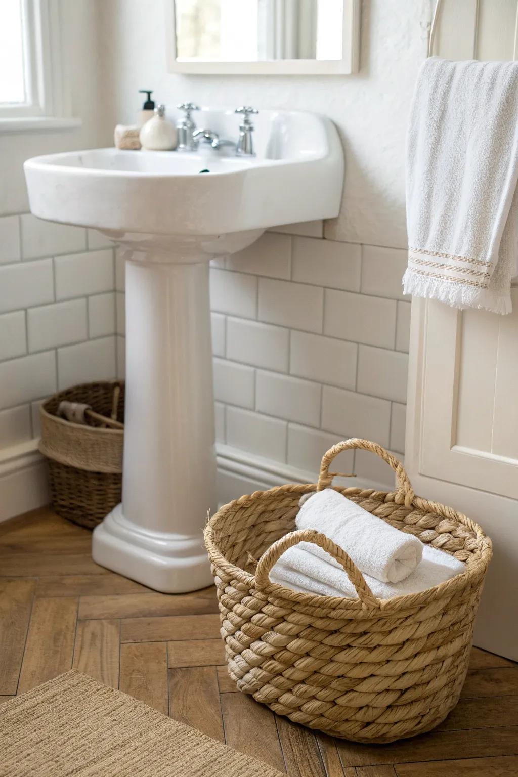 A woven basket under a pedestal sink hides bathroom clutter and keeps your space guest-ready.