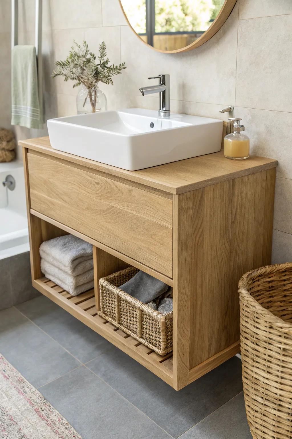 Floating vanity beside the tub adds airy toe space—making a small bathroom feel instantly bigger.