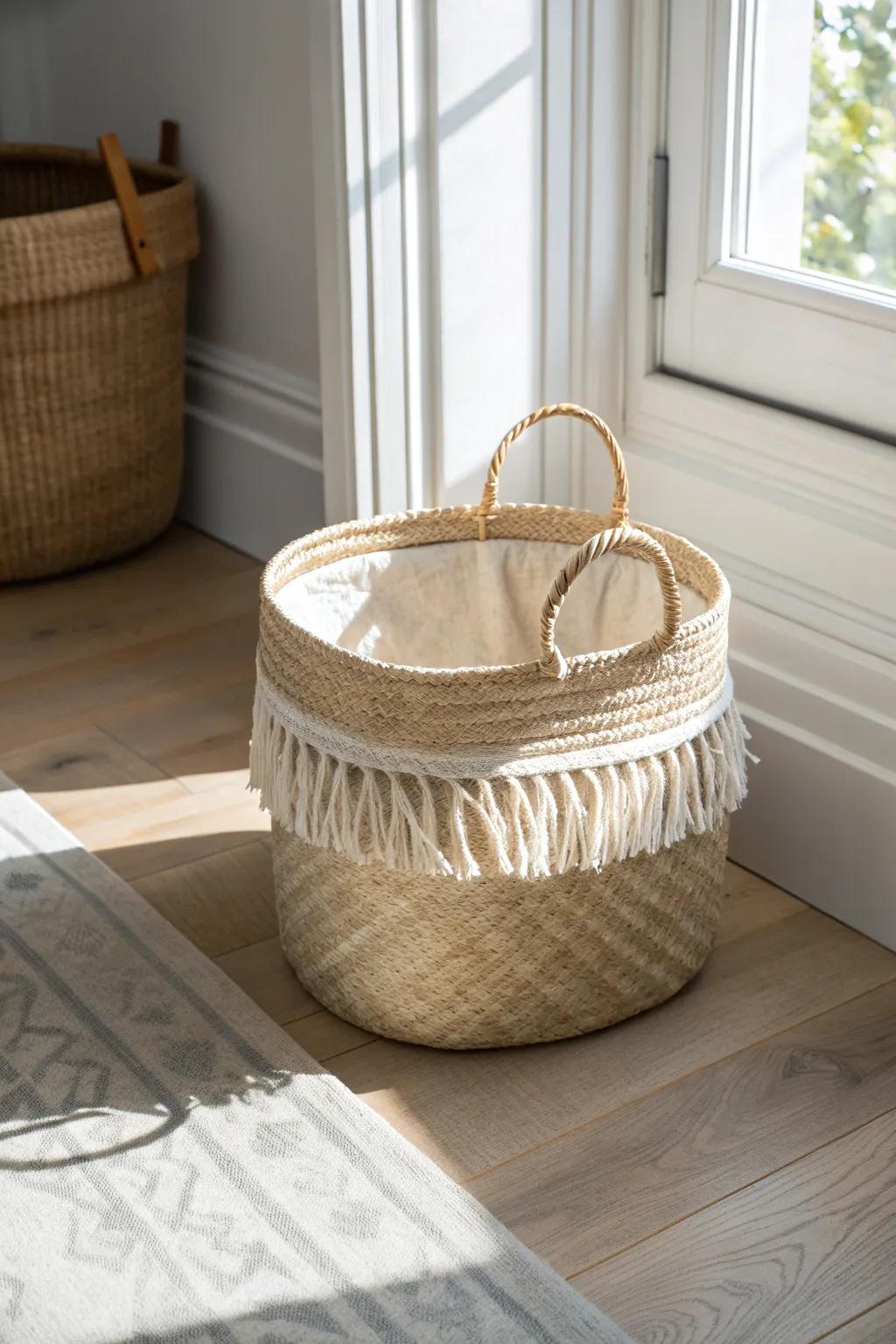 Woven seagrass baskets add beachy texture while hiding towels, chargers, and games in style.