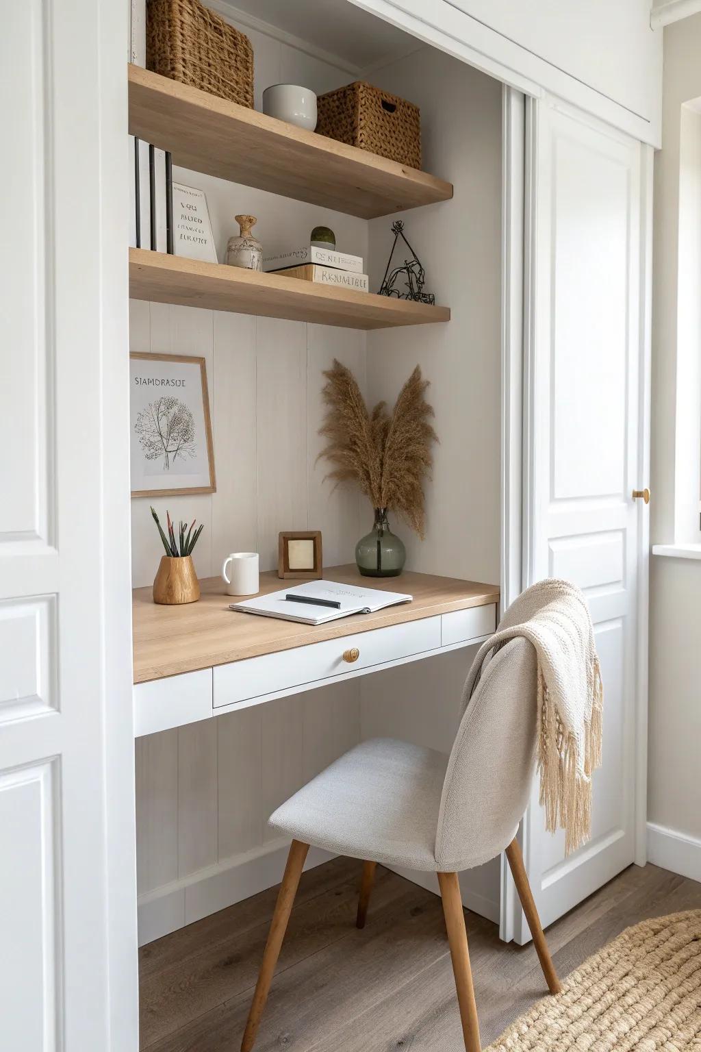 A closet office that disappears at night—warm oak, soft light, and calm bedroom boundaries.