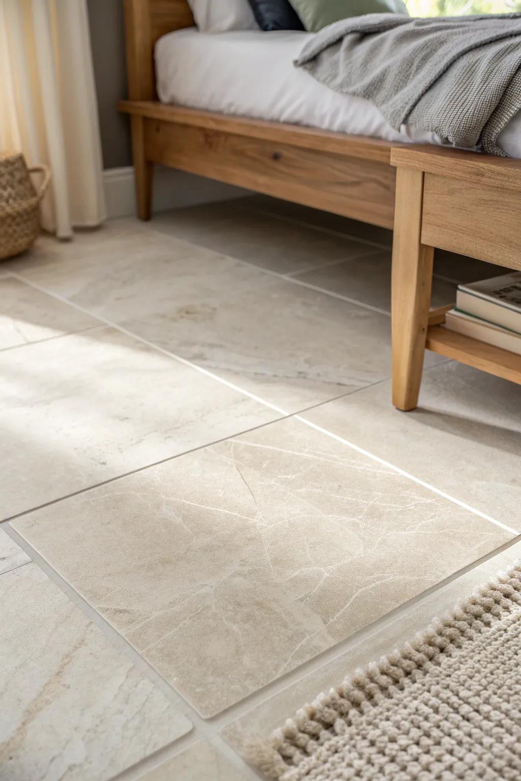 Large-format light tile keeps a tiny bedroom feeling open—add a soft bedside rug for warmth.