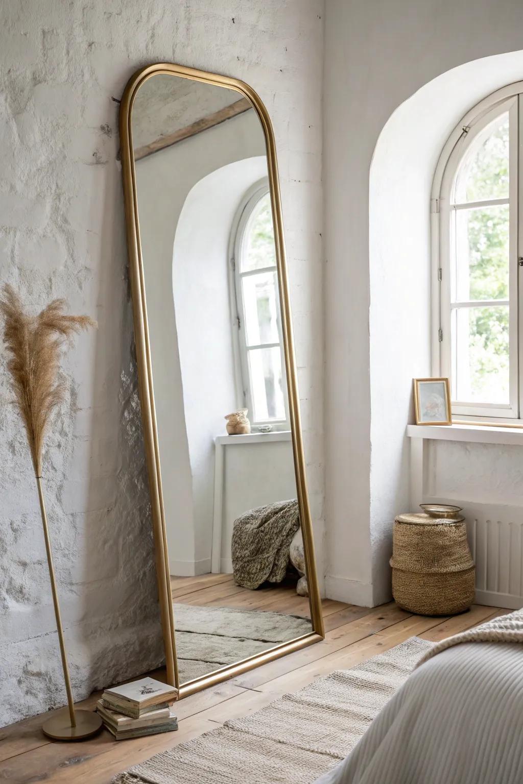 Place a mirror opposite the window to double daylight and instantly brighten a small bedroom.