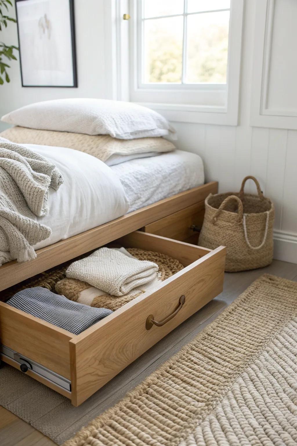 Rotate seasonal knits into an under-bed drawer to free closet space and keep everything tidy.