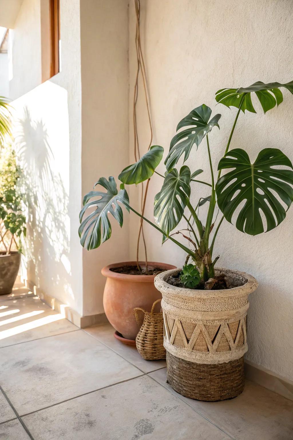 One oversized leafy plant anchors a tiny boho patio—calm, intentional, clutter-free.