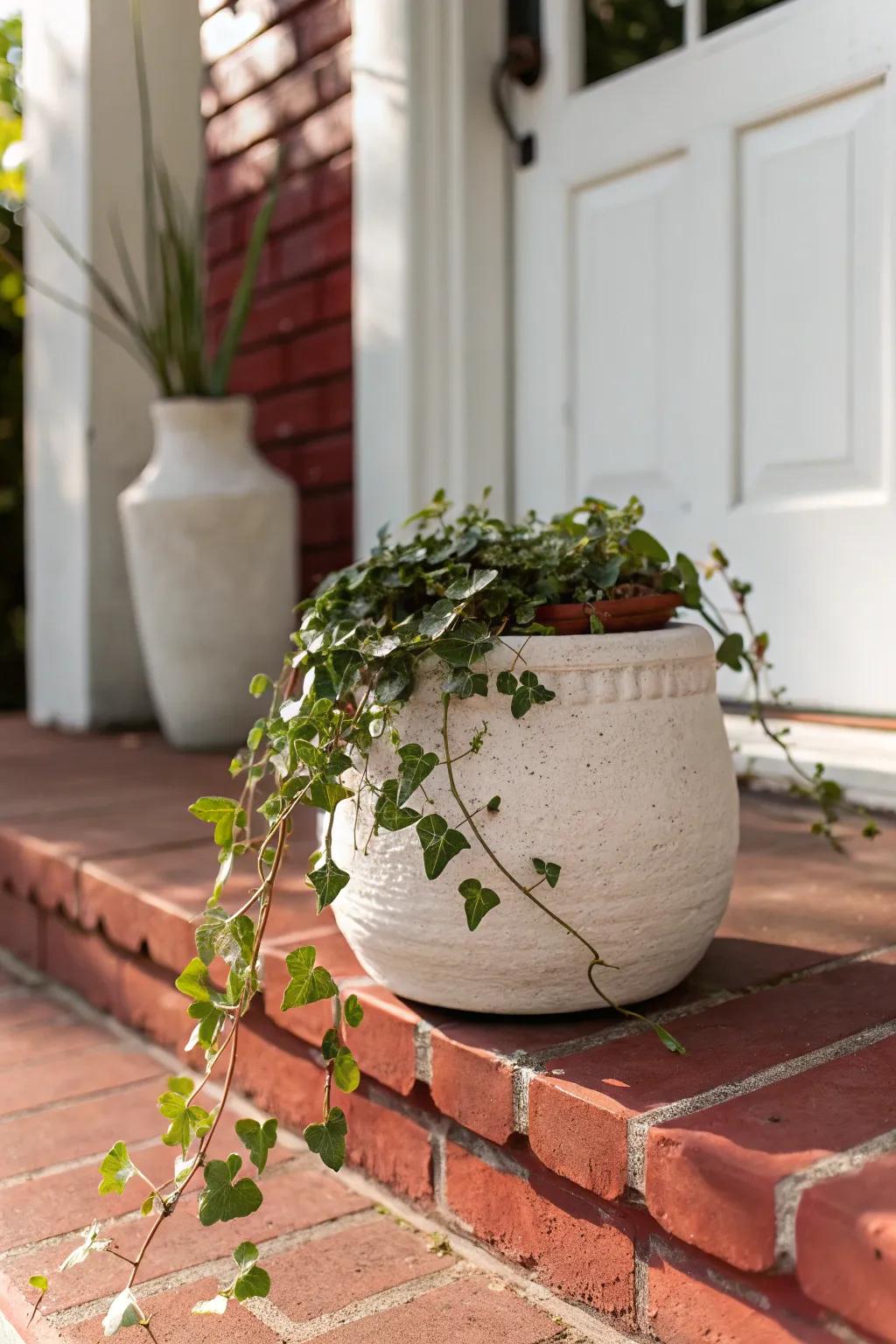Let the steps shine—one sculptural planter on brick draws the eye straight to the door.