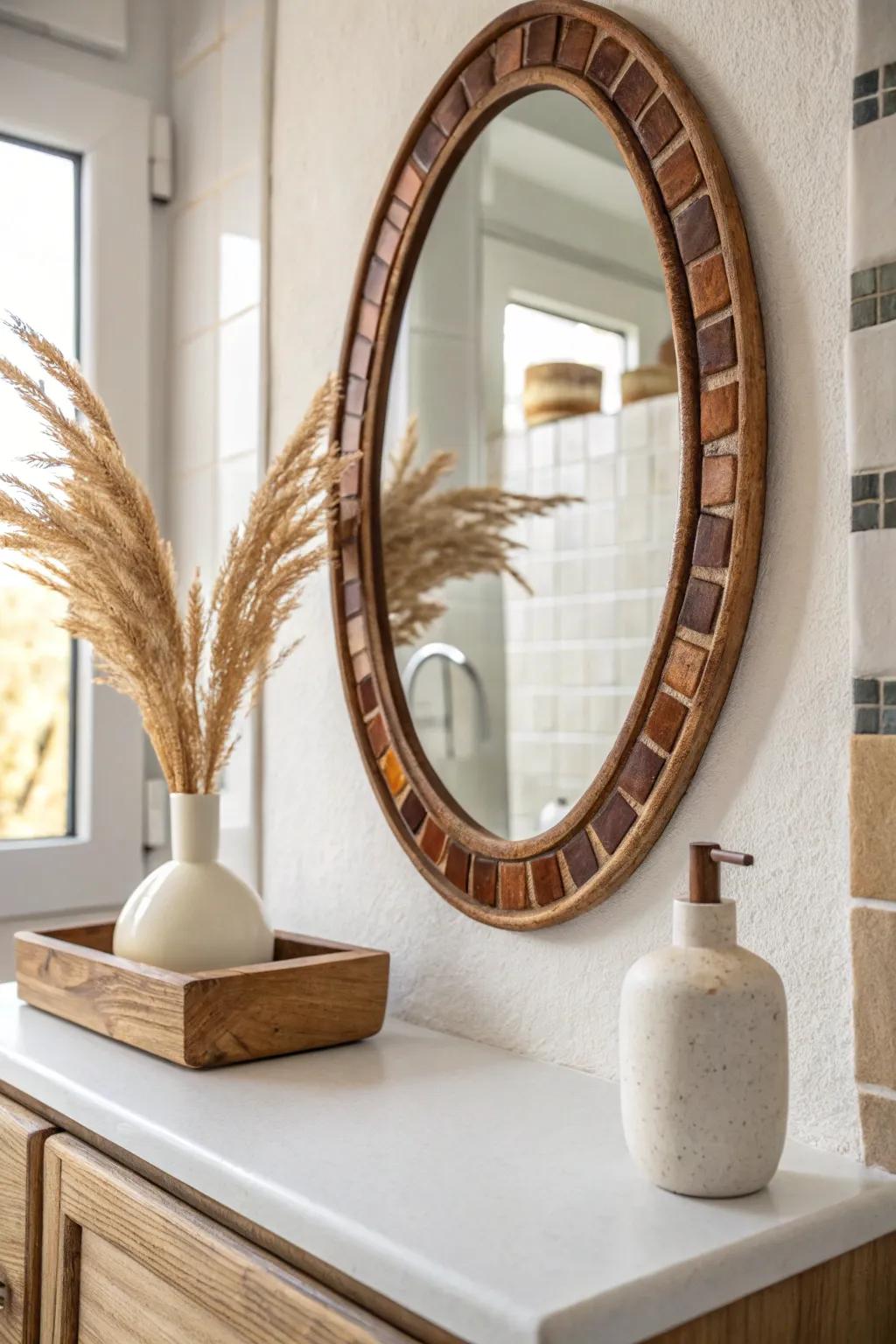 A slim brown tile border makes a small bathroom feel custom—without committing to full walls.