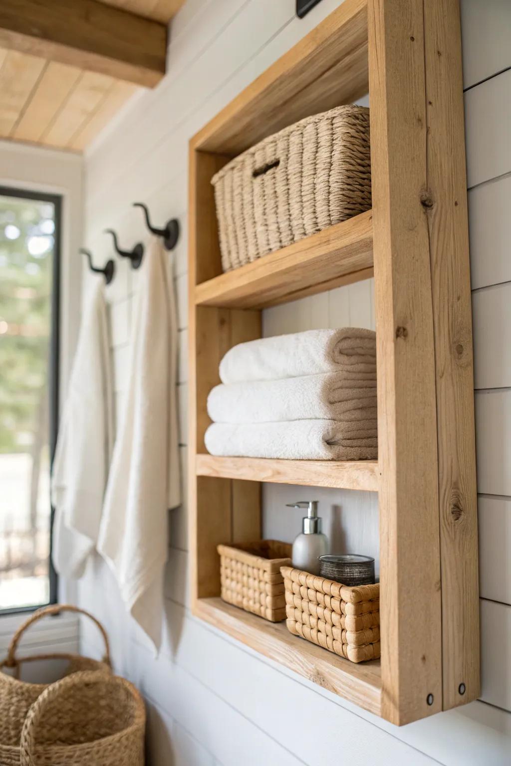 Open shelves keep a tiny cabin bath airy—style with rolled towels and woven baskets.