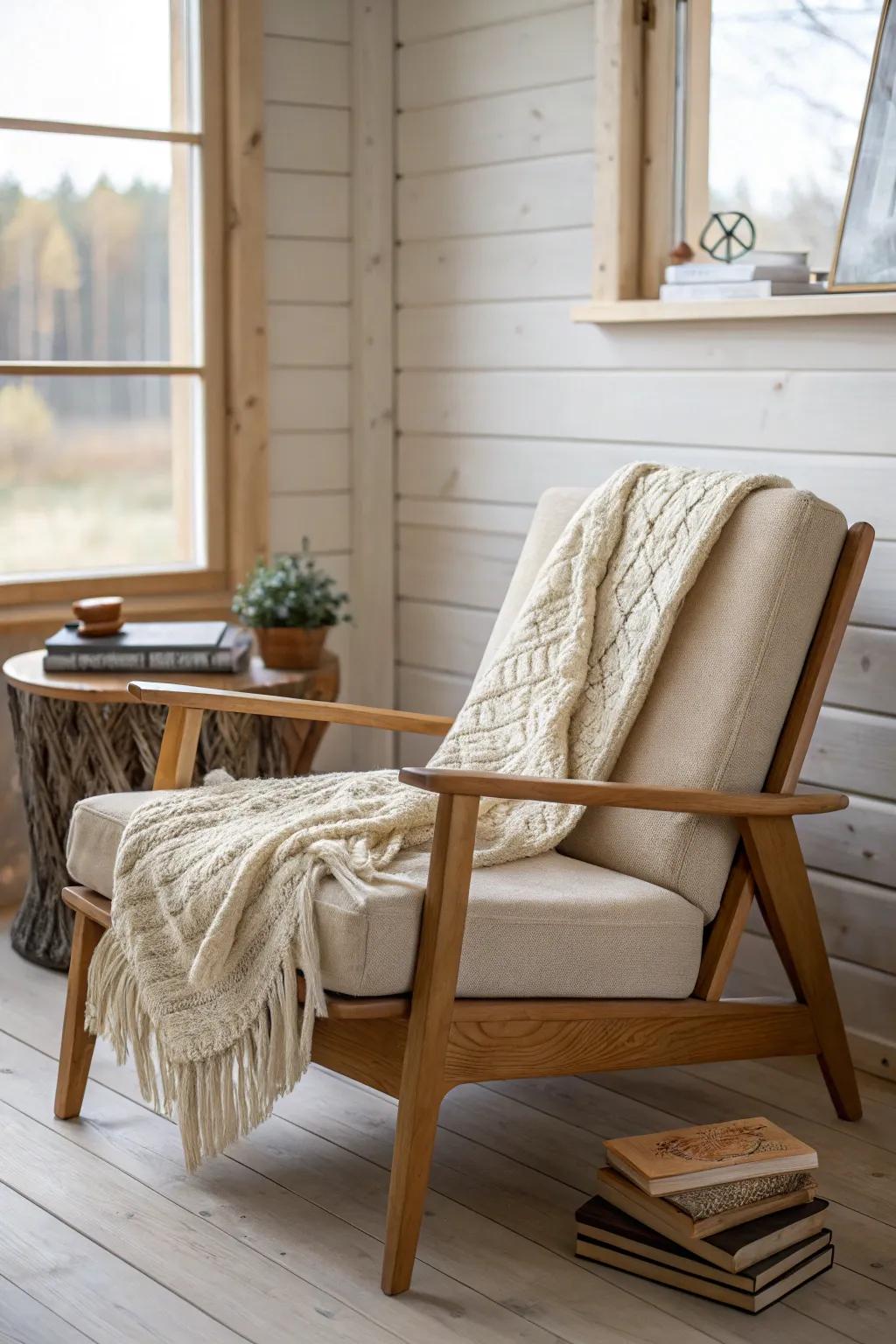 Sunlit window chair + cozy throw—an effortless cabin reading nook that feels like a retreat.