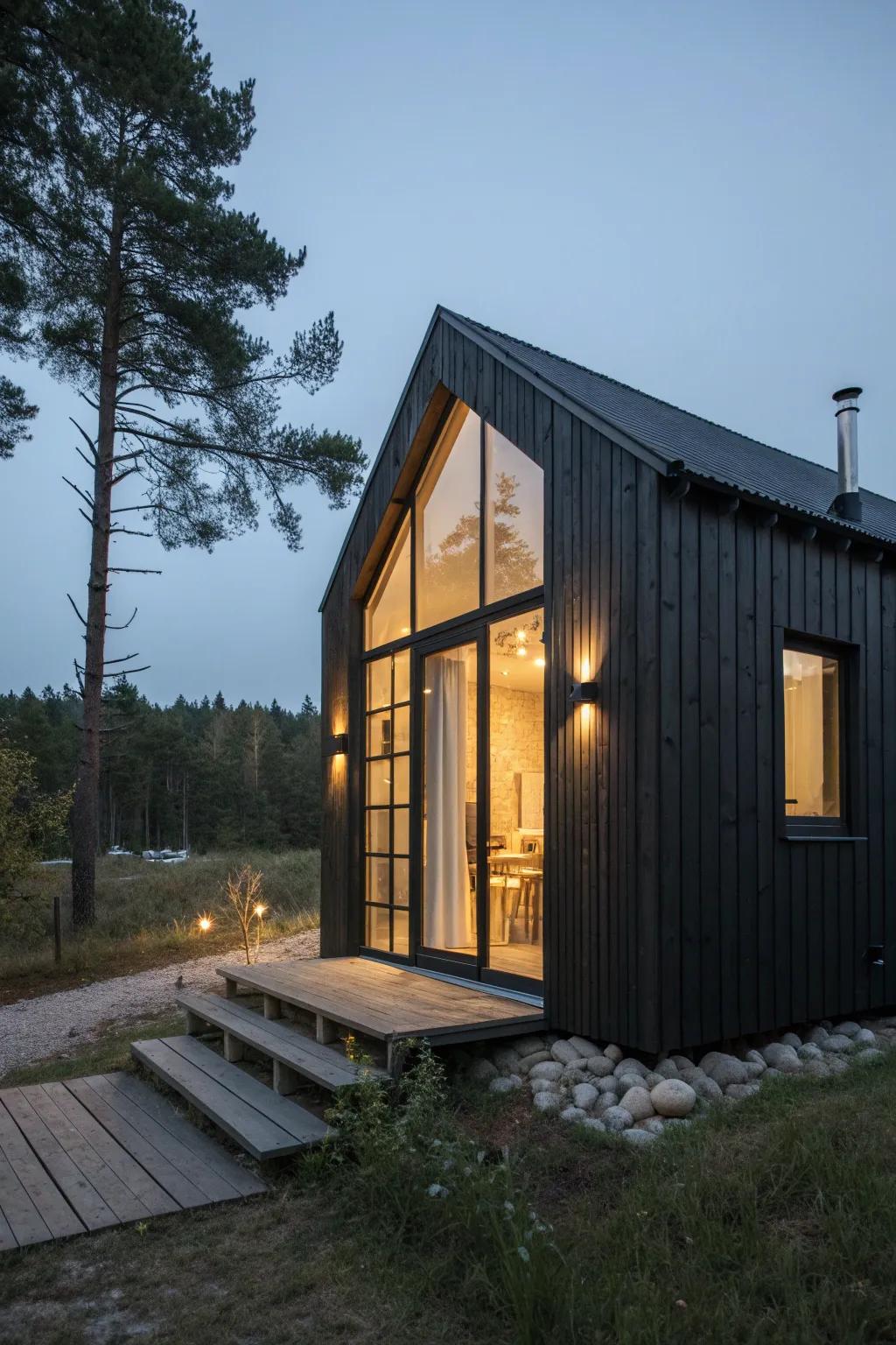 Moody black tiny cabin at dusk, with a warm golden glow inside—modern, cozy, and compact.