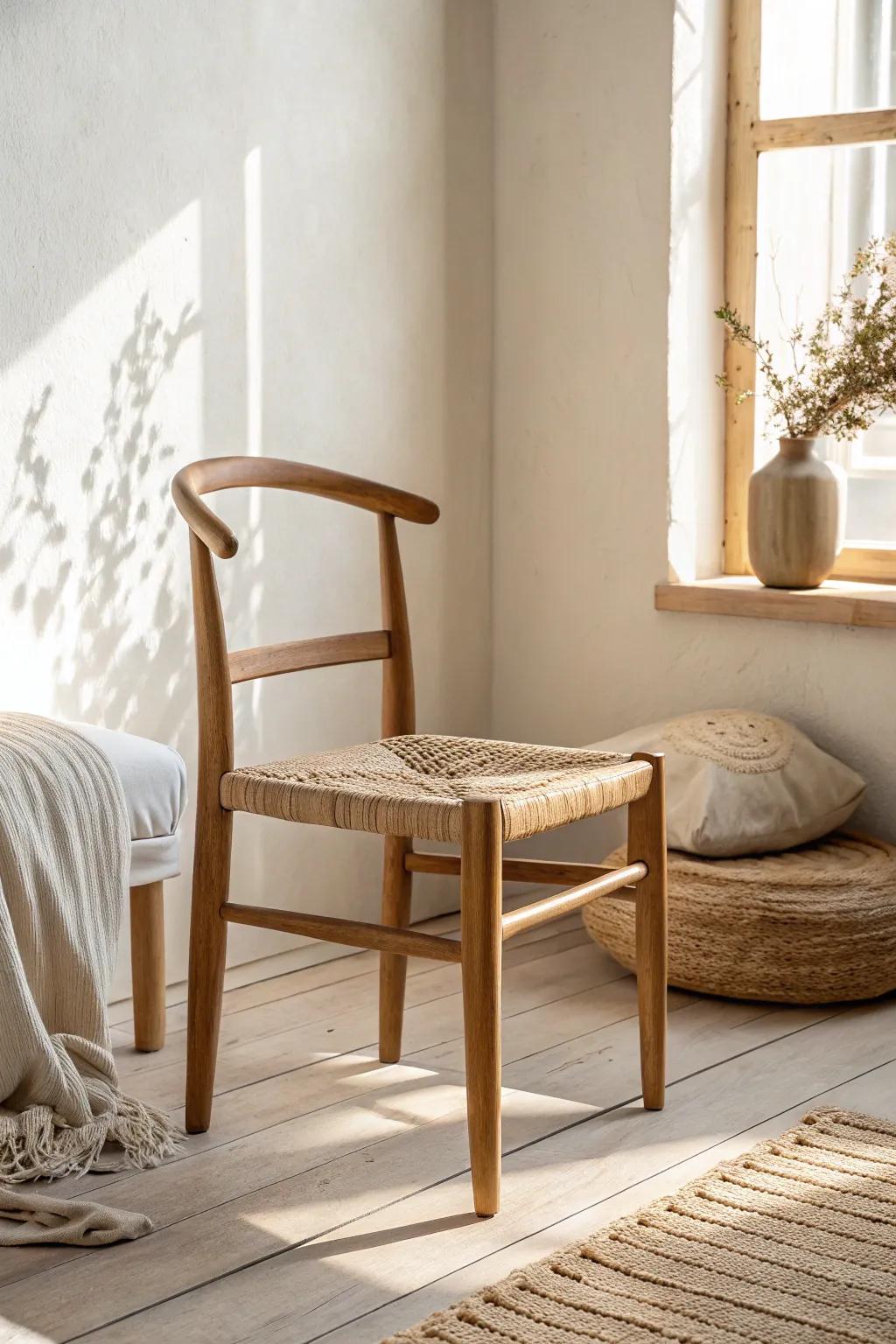 A petite chair turns a narrow vanity into a calm, clutter-free bedroom getting-ready spot.