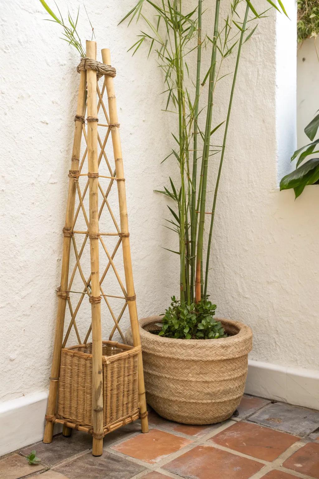 Slim bamboo on a handmade trellis—vertical Chinese garden charm for the tiniest patio.