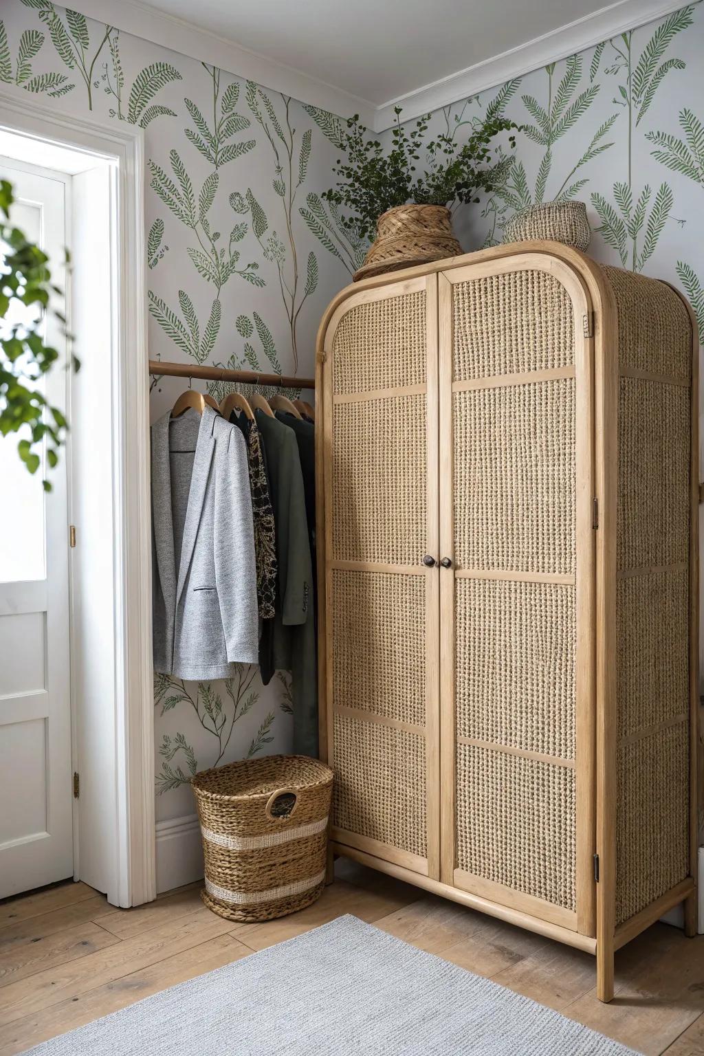 Peel-and-stick wallpaper turns a tiny closet nook into a cozy, room-like moment.