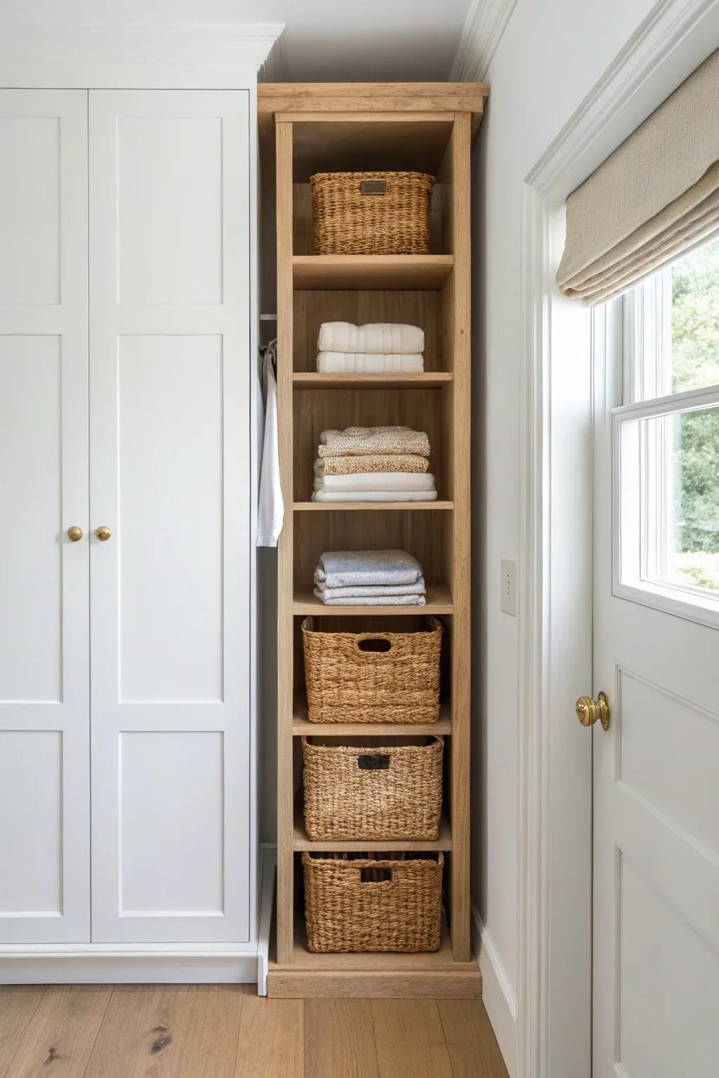 A slim shelf tower adds instant compartments to a reach-in closet—clean, calm, and no remodel.
