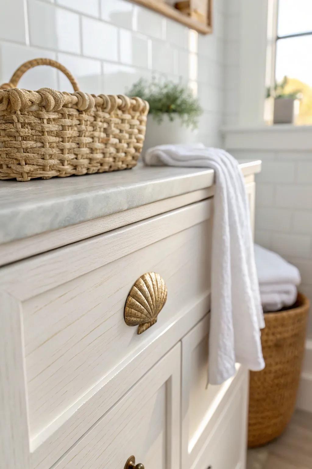 Swap in beachy brass pulls to make a small bathroom vanity feel fresh and intentional.