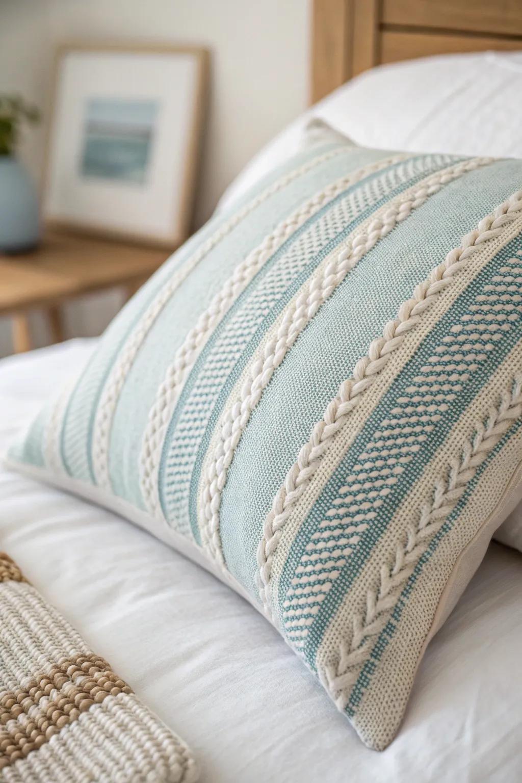 Repeat one soft stripe—this linen pillow sets a calm coastal pattern without clutter.
