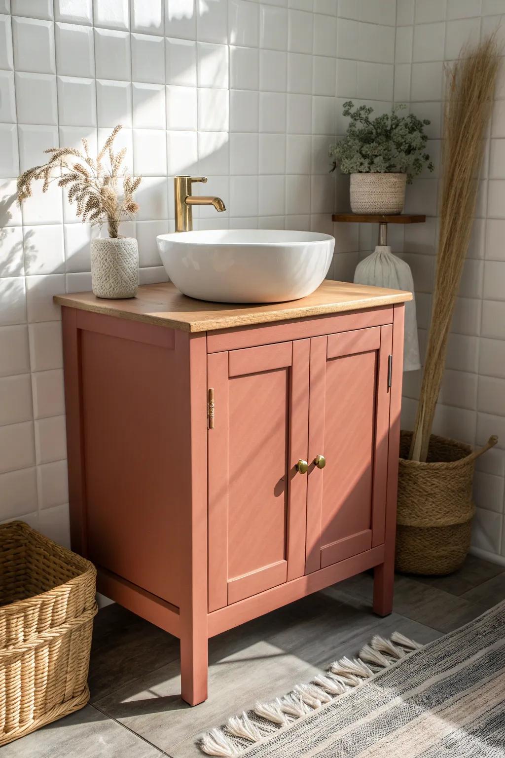 A bold painted vanity adds instant color in a tiny bathroom—without painting every wall.