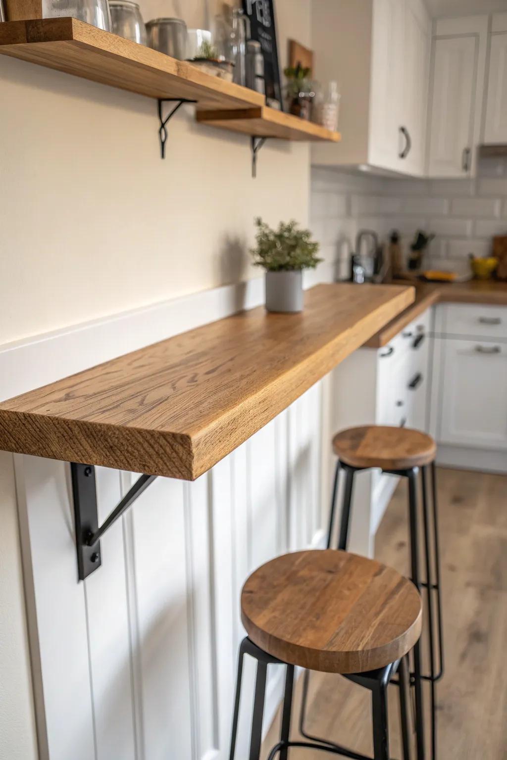Wall-mounted slim oak breakfast bar: a space-saving perch for coffee and quick condo meals.