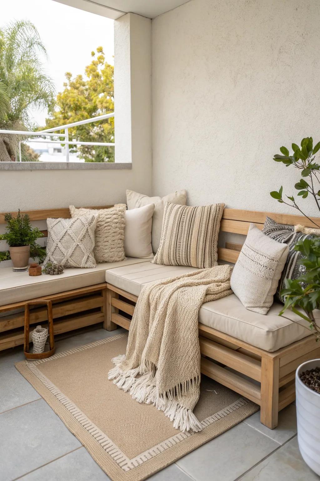 Turn a tiny condo patio corner into a lounge-worthy nook with an L-shaped bench + cozy textiles.