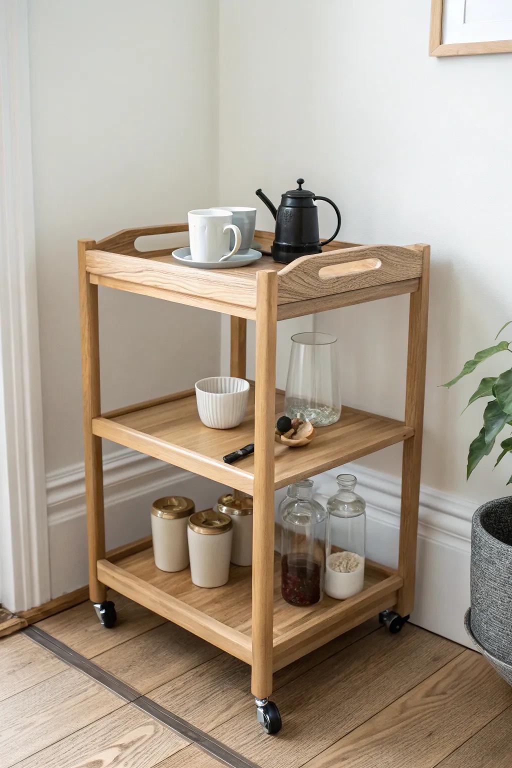 A simple corner coffee cart with tray, mugs, and jars—pretty, practical, and clutter-free.