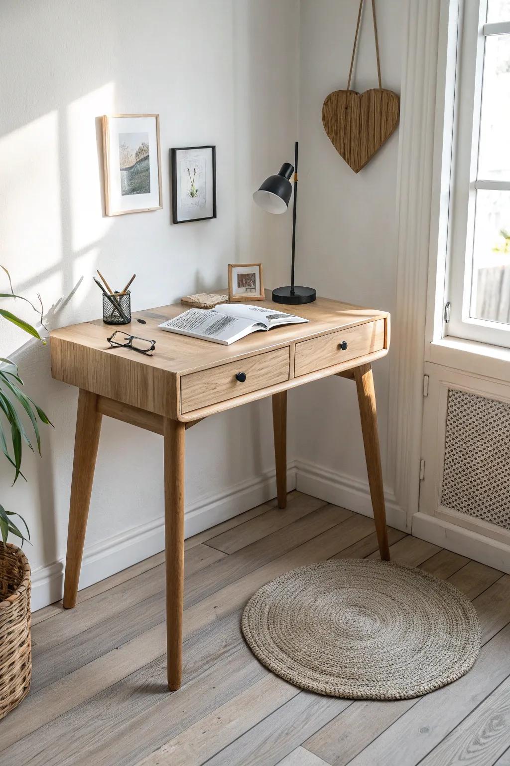 Handcrafted corner desk with drawers—small-space perfection that hides every messy office extra.