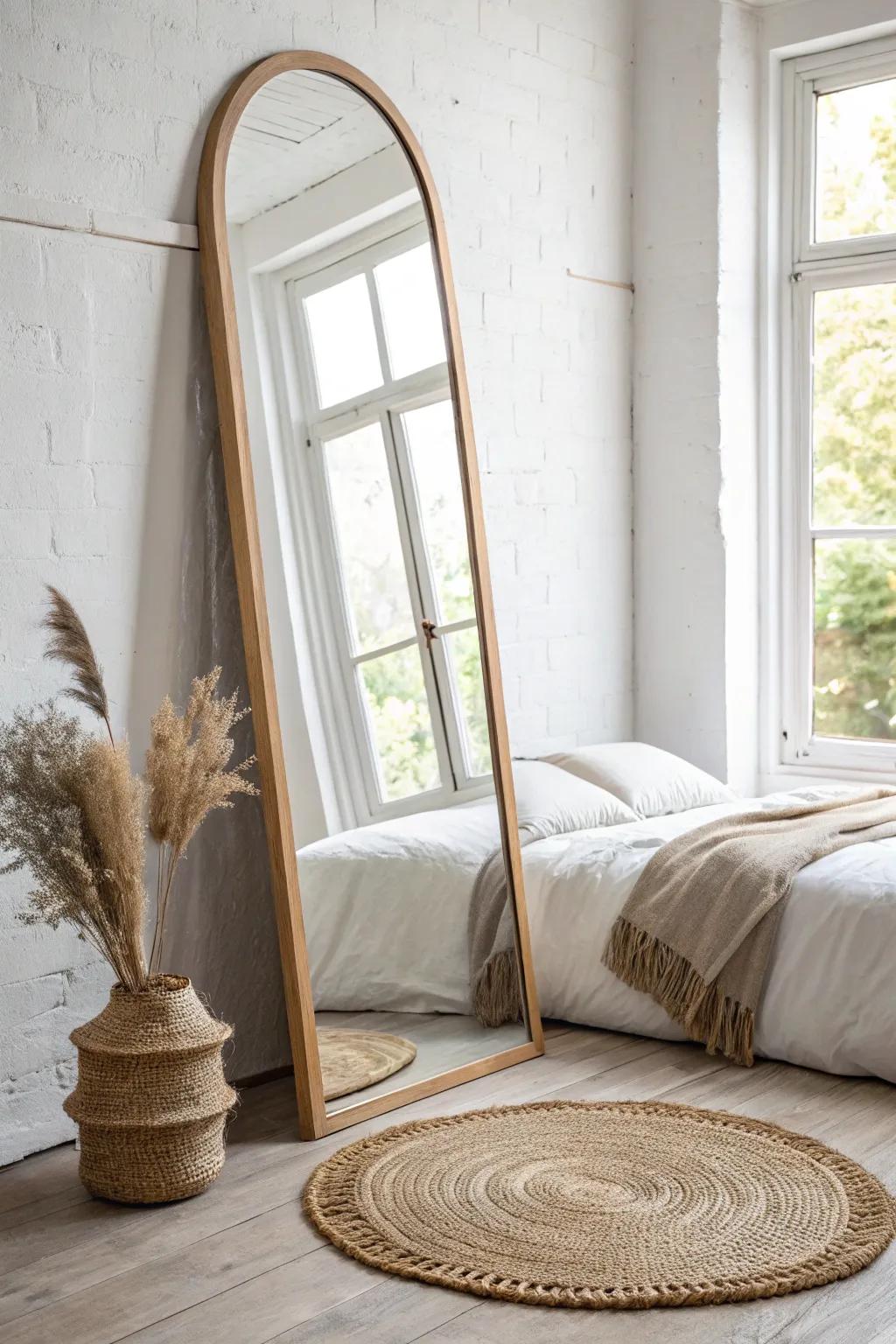 Lean a tall floor mirror by the window to double light and make a tiny bedroom feel airy.