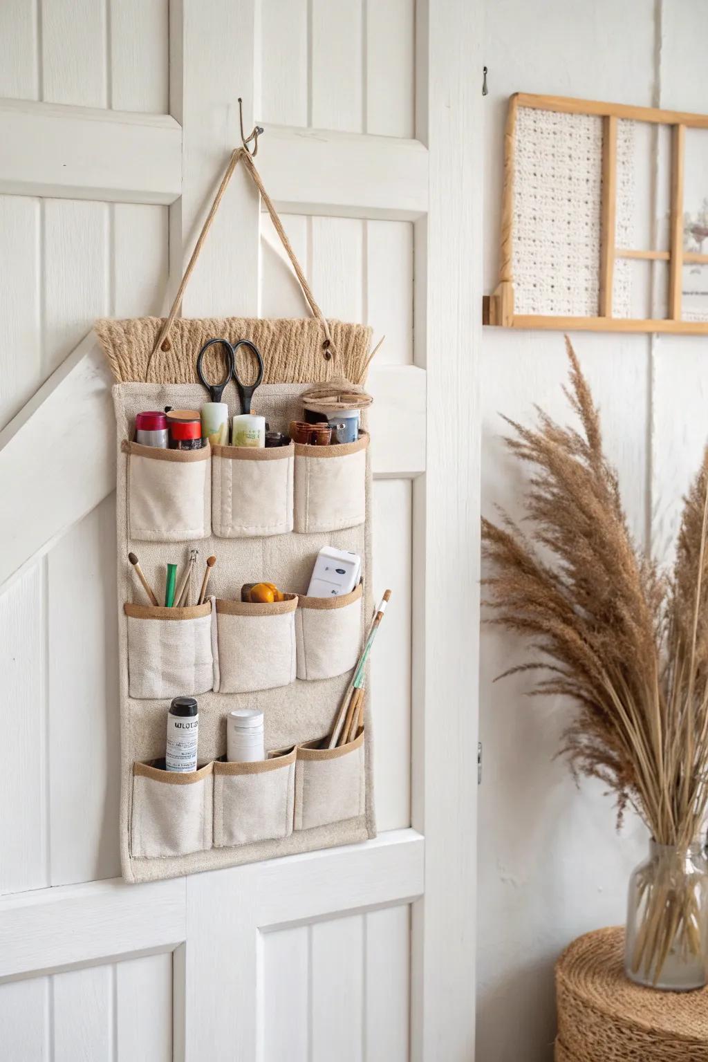 Maximize a tiny craft nook with a chic over-the-door organizer for paints, glue, and tape.