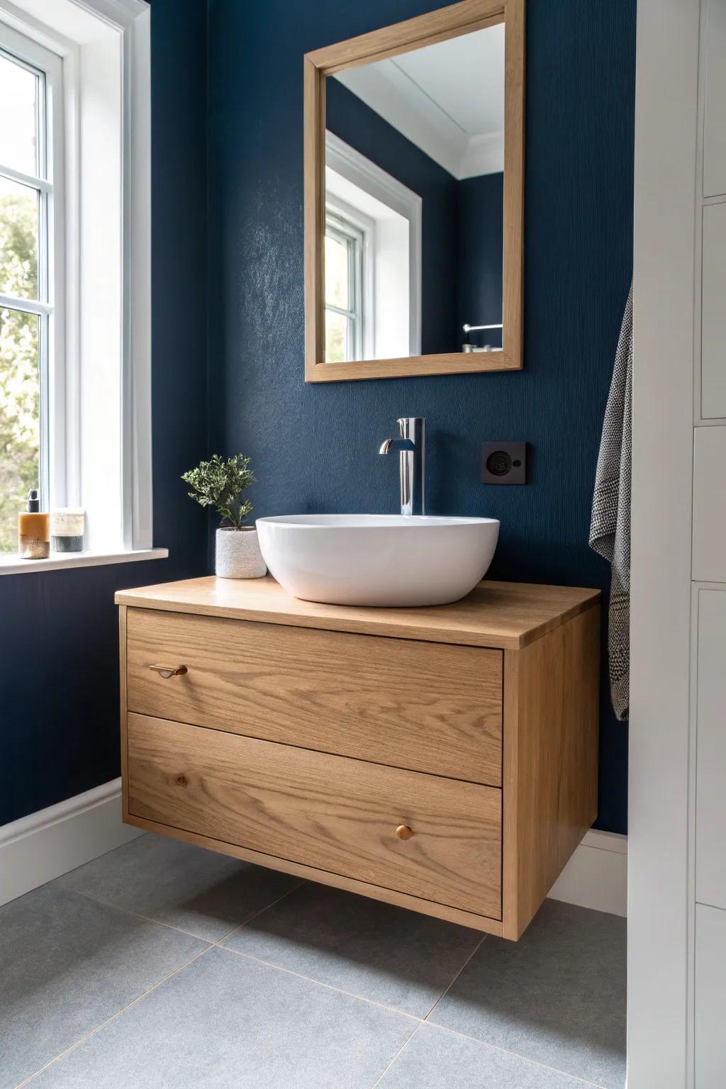 A floating vanity reveals more floor—instantly making a small dark blue bathroom feel bigger.