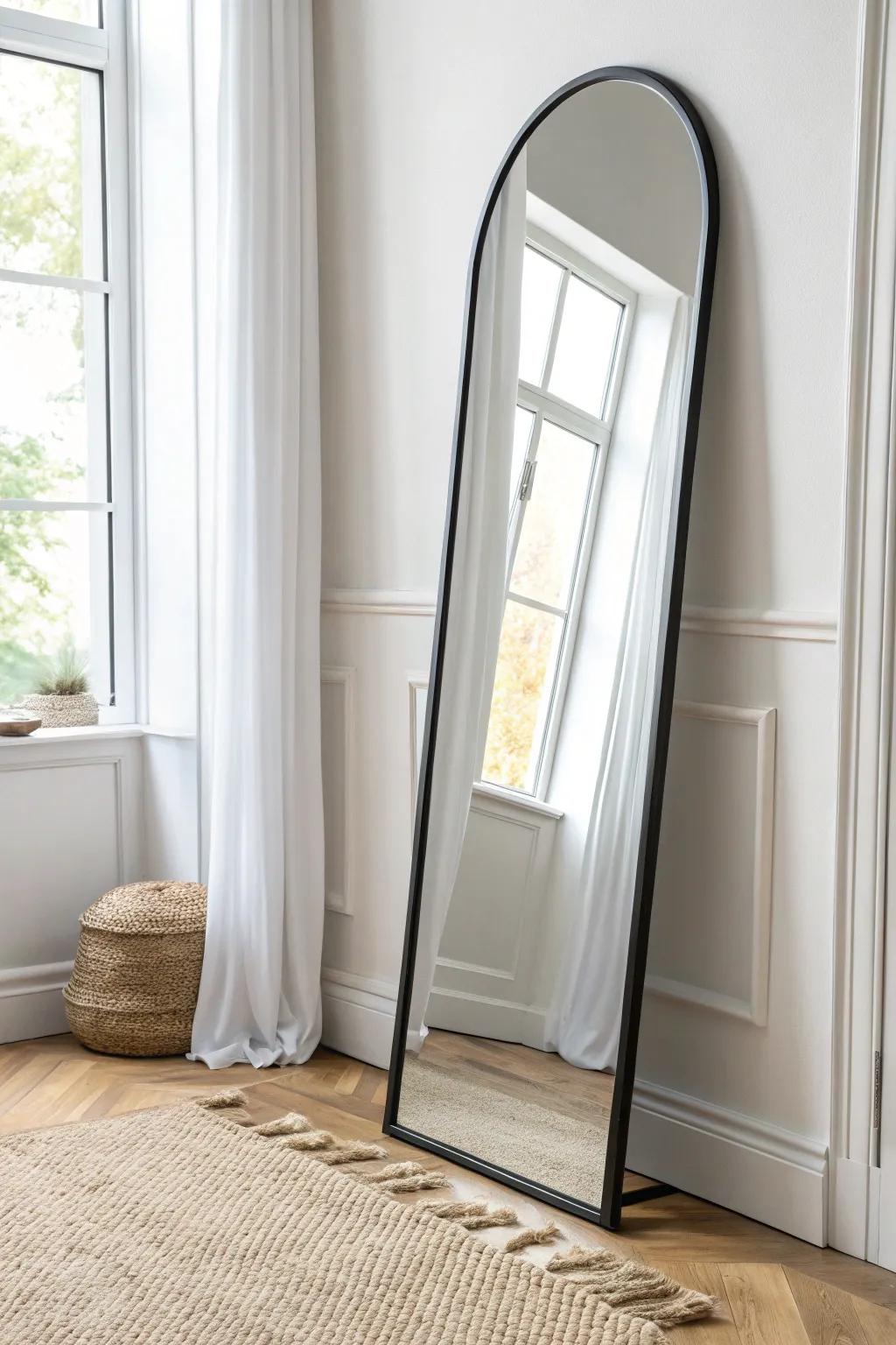 A large mirror placed opposite the window bounces daylight and instantly opens up a tiny den.