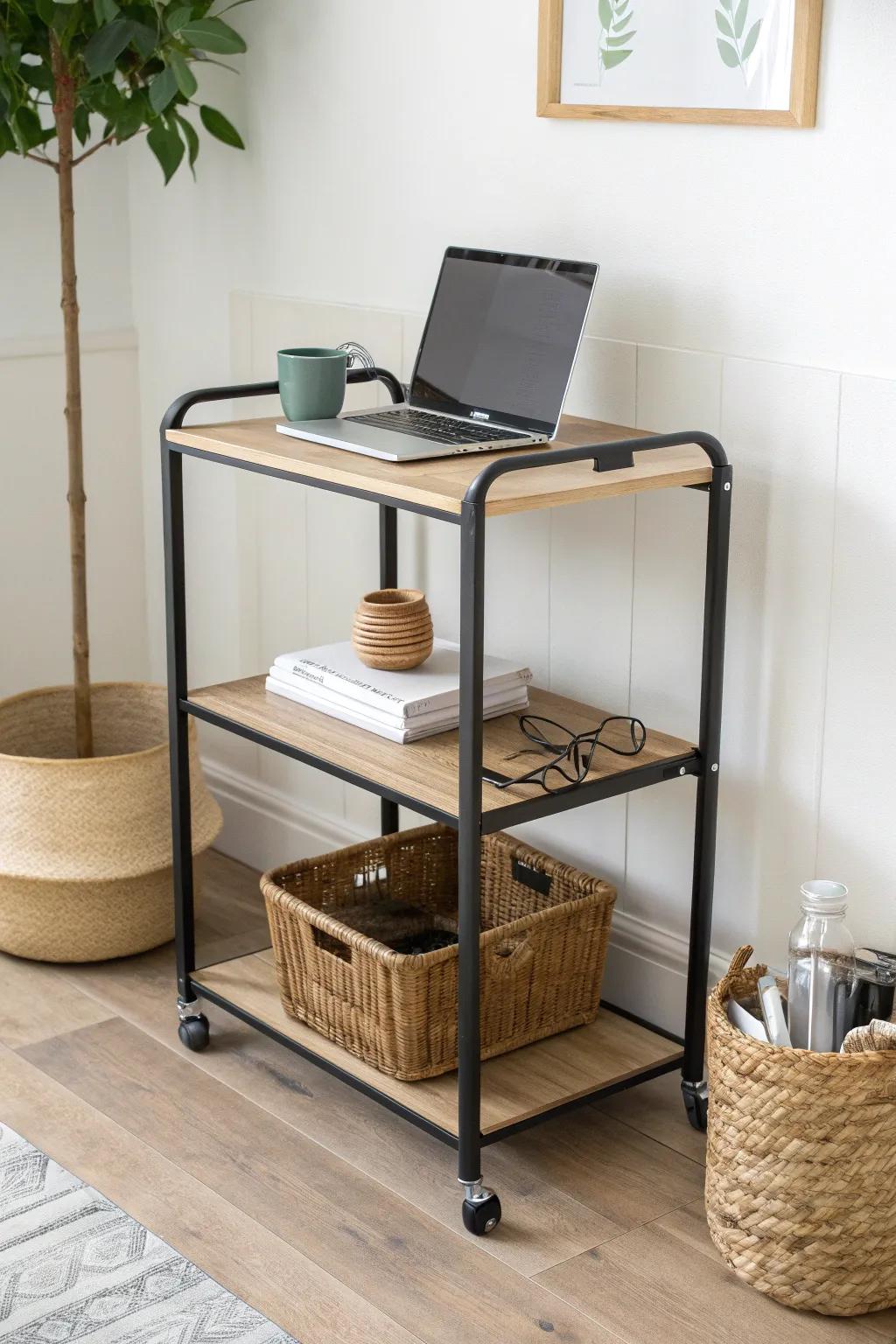 A rolling desk cart turns dead zones into a sunny workspace—stash essentials below and roll away.