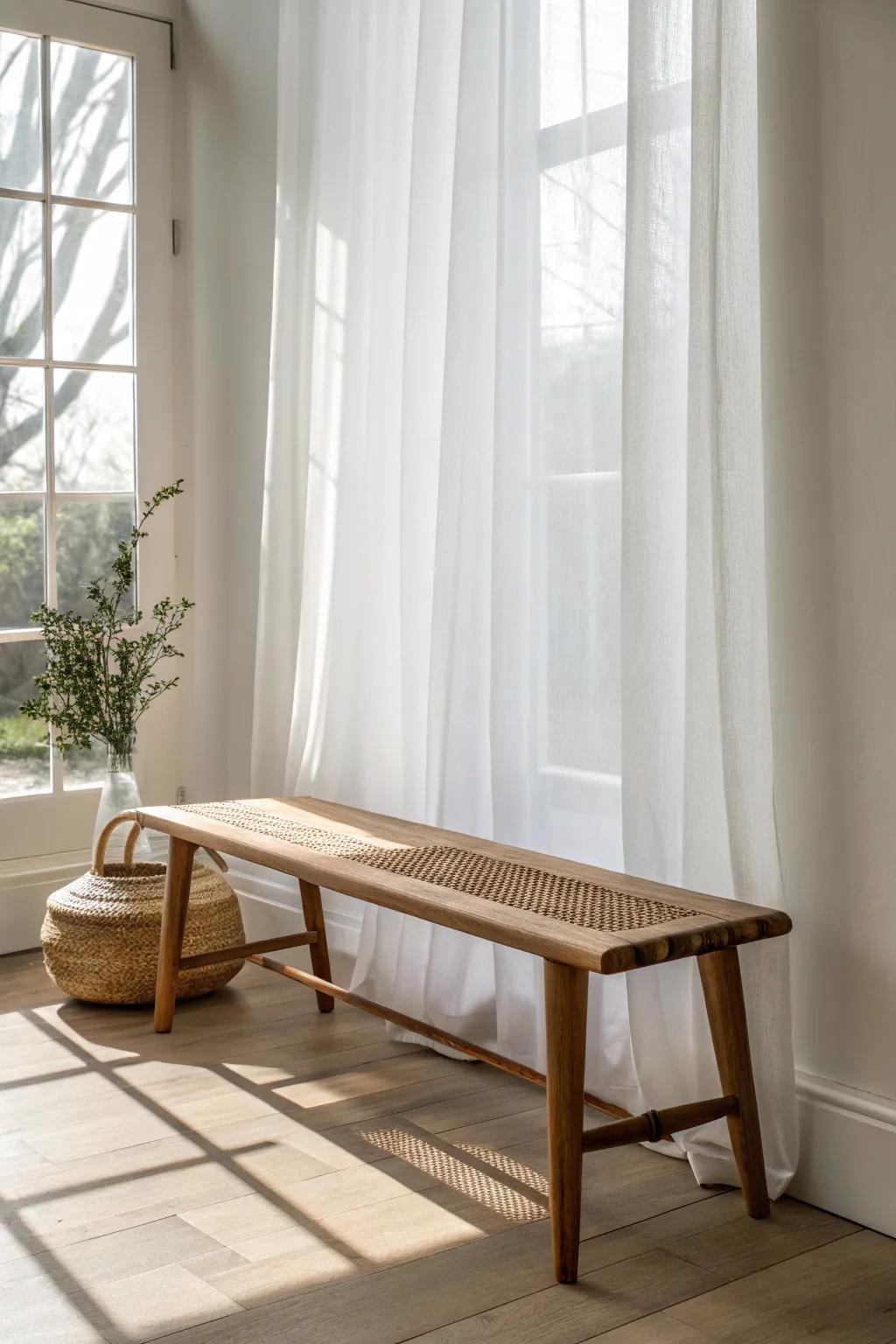A slim backless bench that tucks under the window—perfect for freeing up walkway space.