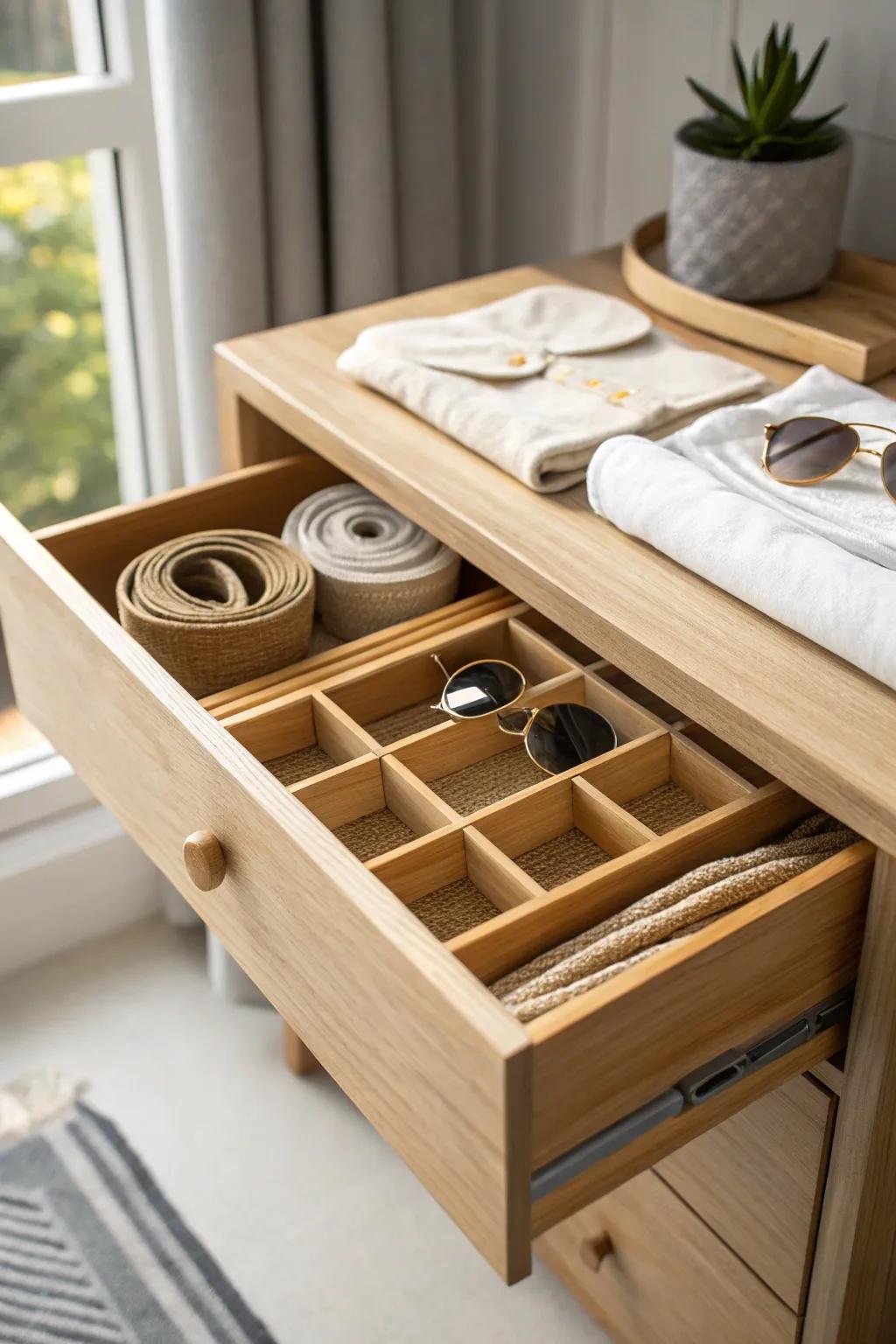 Bamboo drawer dividers keep belts and accessories tidy—perfect for small dressing rooms.