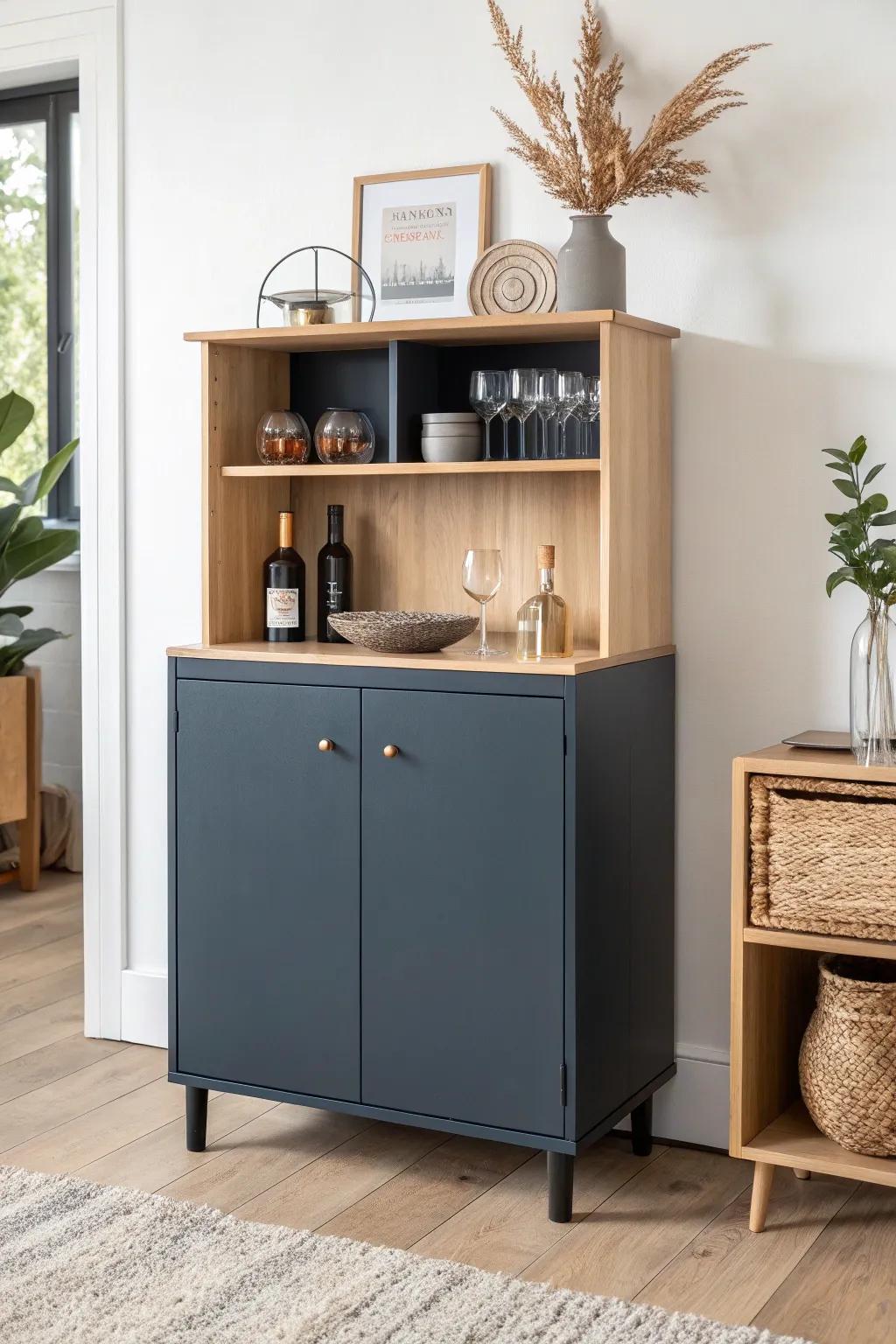 A chic two-tone mini dry bar—dark base, light top—for a small-space destination moment.