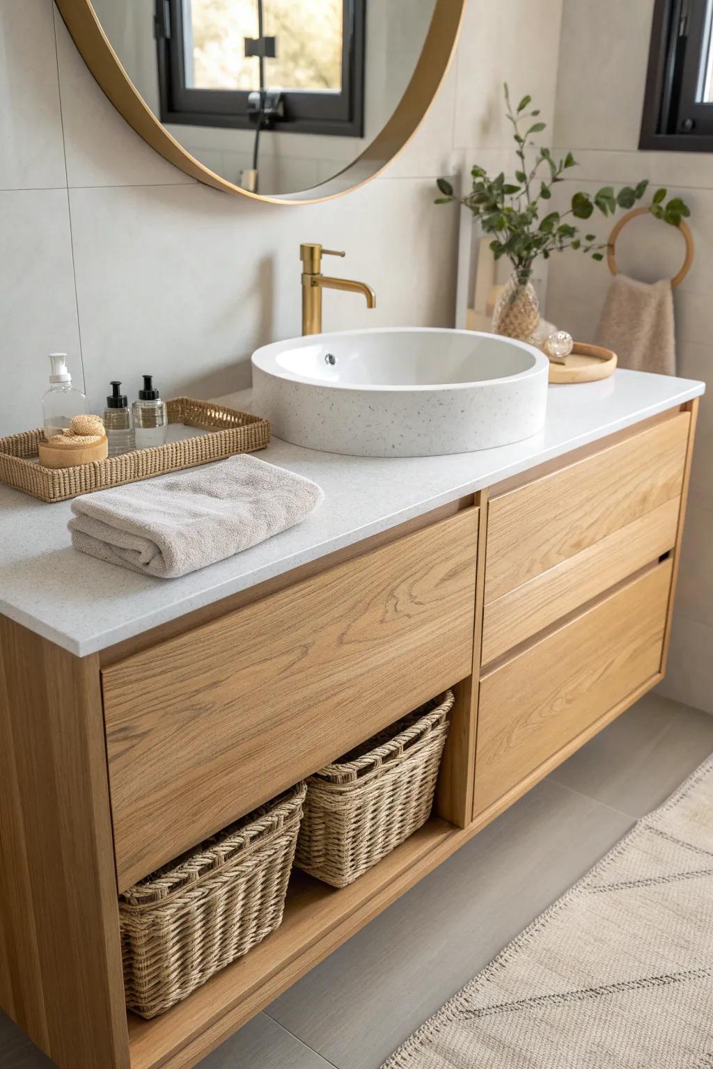 A shallow-depth vanity adds storage without stealing precious elbow room in a tiny ensuite.