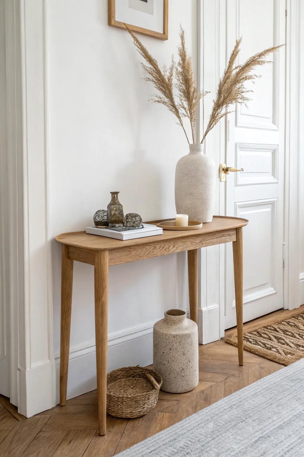 Balanced asymmetry: a tall vase paired with a low tray + candle for a calm small entry table.