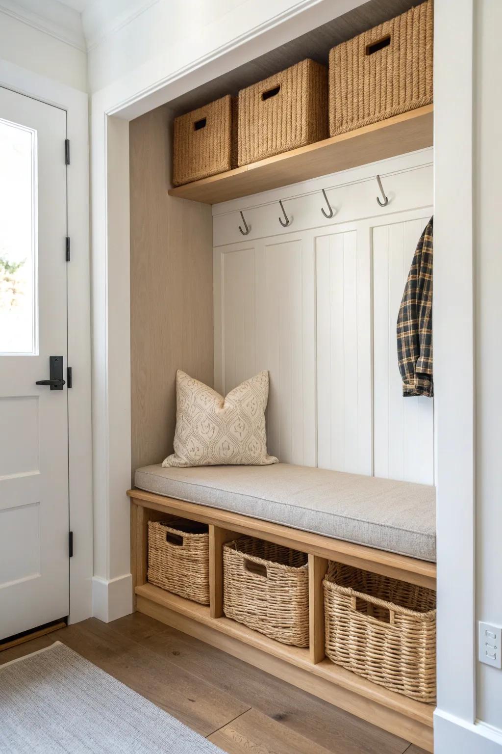 A mini built-in closet bench with woven bins turns a tight entryway into a mudroom nook.